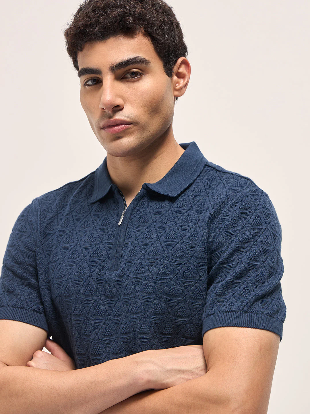 Men Navy Blue Textured Knit Design Regular Fit Polo - Image 5