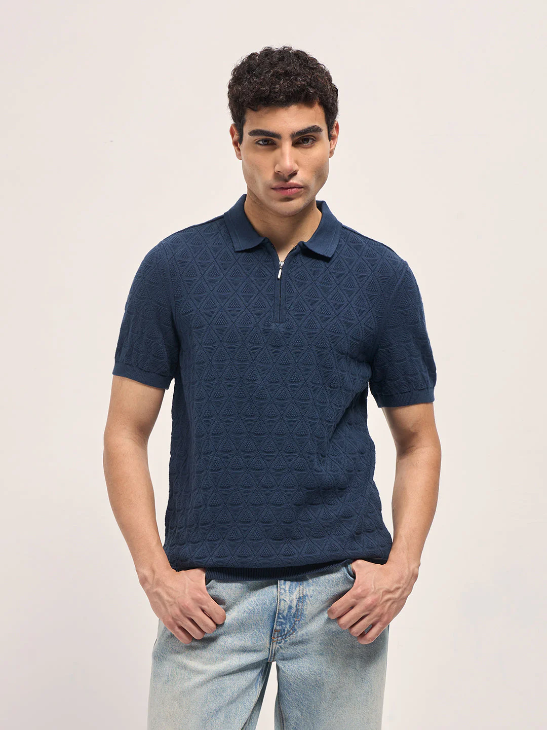 Men Navy Blue Textured Knit Design Regular Fit Polo - Image 6