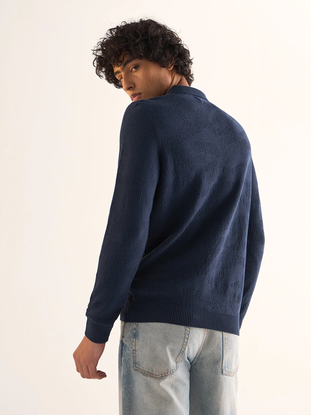 Men Navy Blue Textured Knit Slim Fit Polo - Image 2