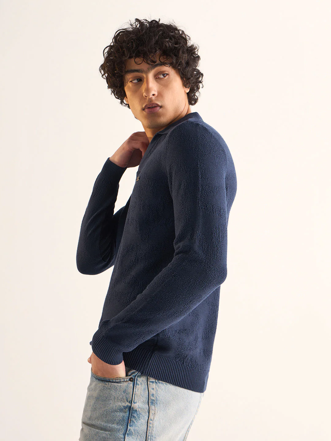 Men Navy Blue Textured Knit Slim Fit Polo - Image 3