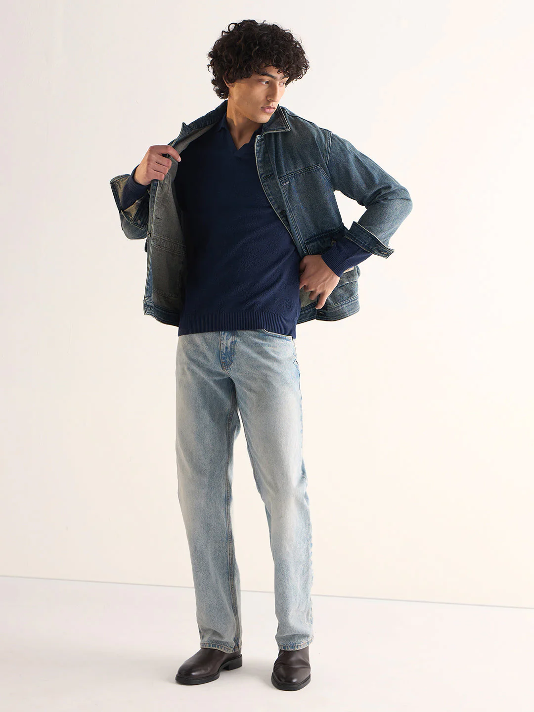 Men Navy Blue Textured Knit Slim Fit Polo - Image 4