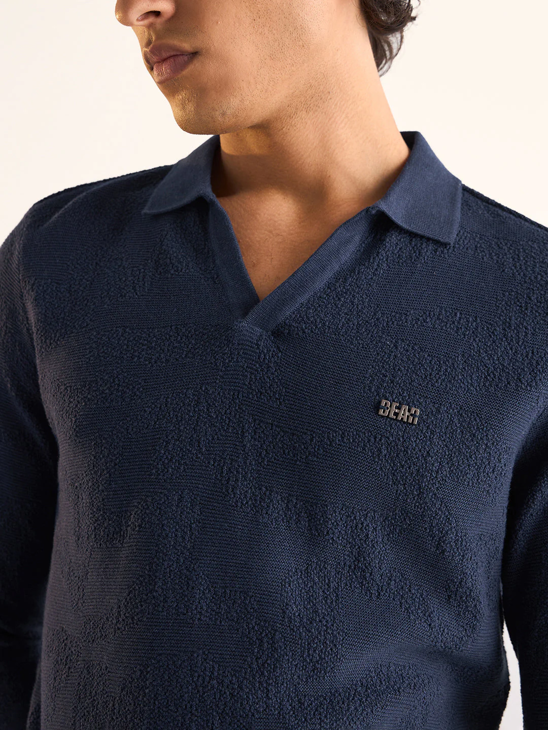 Men Navy Blue Textured Knit Slim Fit Polo - Image 5