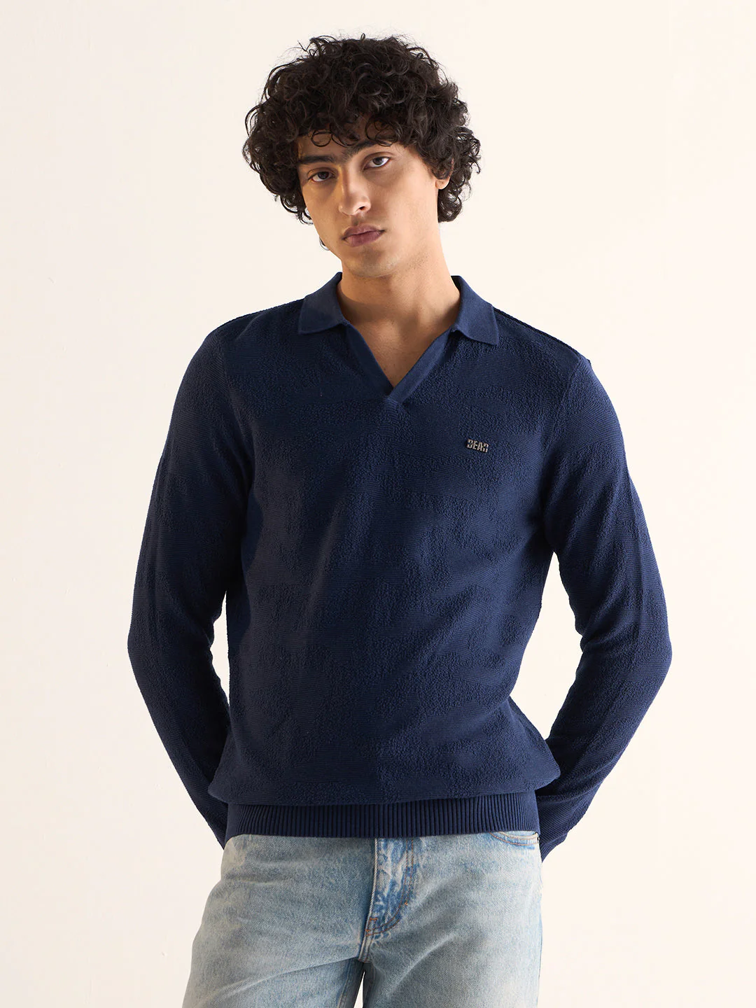 Men Navy Blue Textured Knit Slim Fit Polo - Image 6