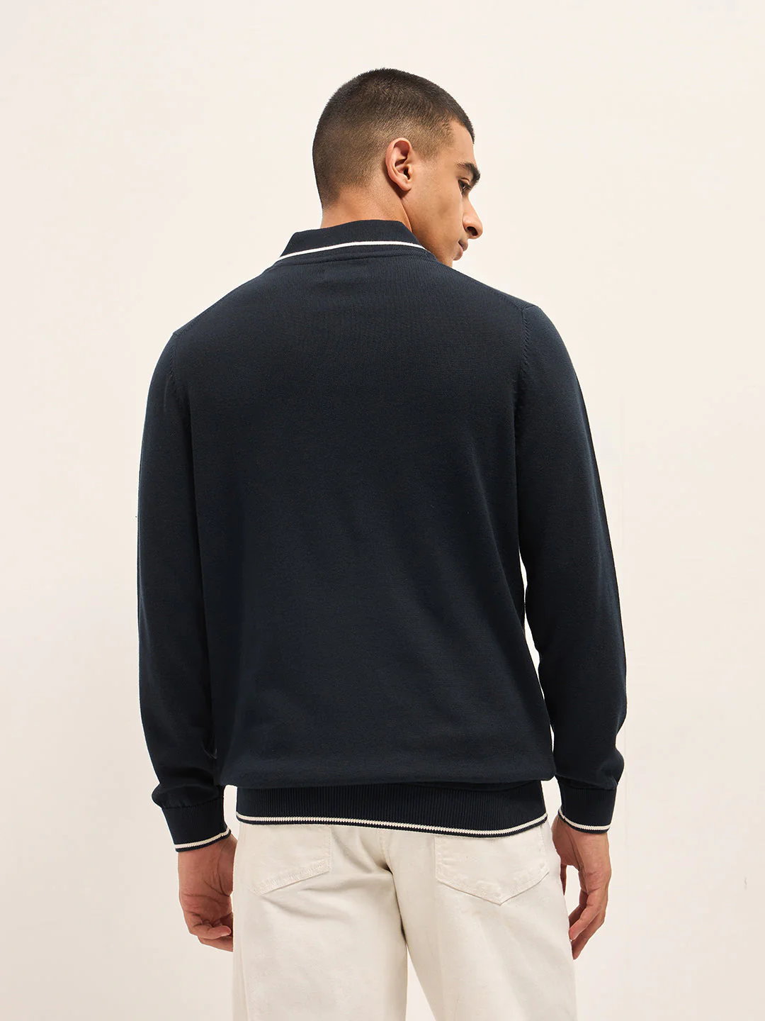 Men Navy Blue Textured Slim Fit Shawl Collar Full Sleeve T-shirt - Image 2