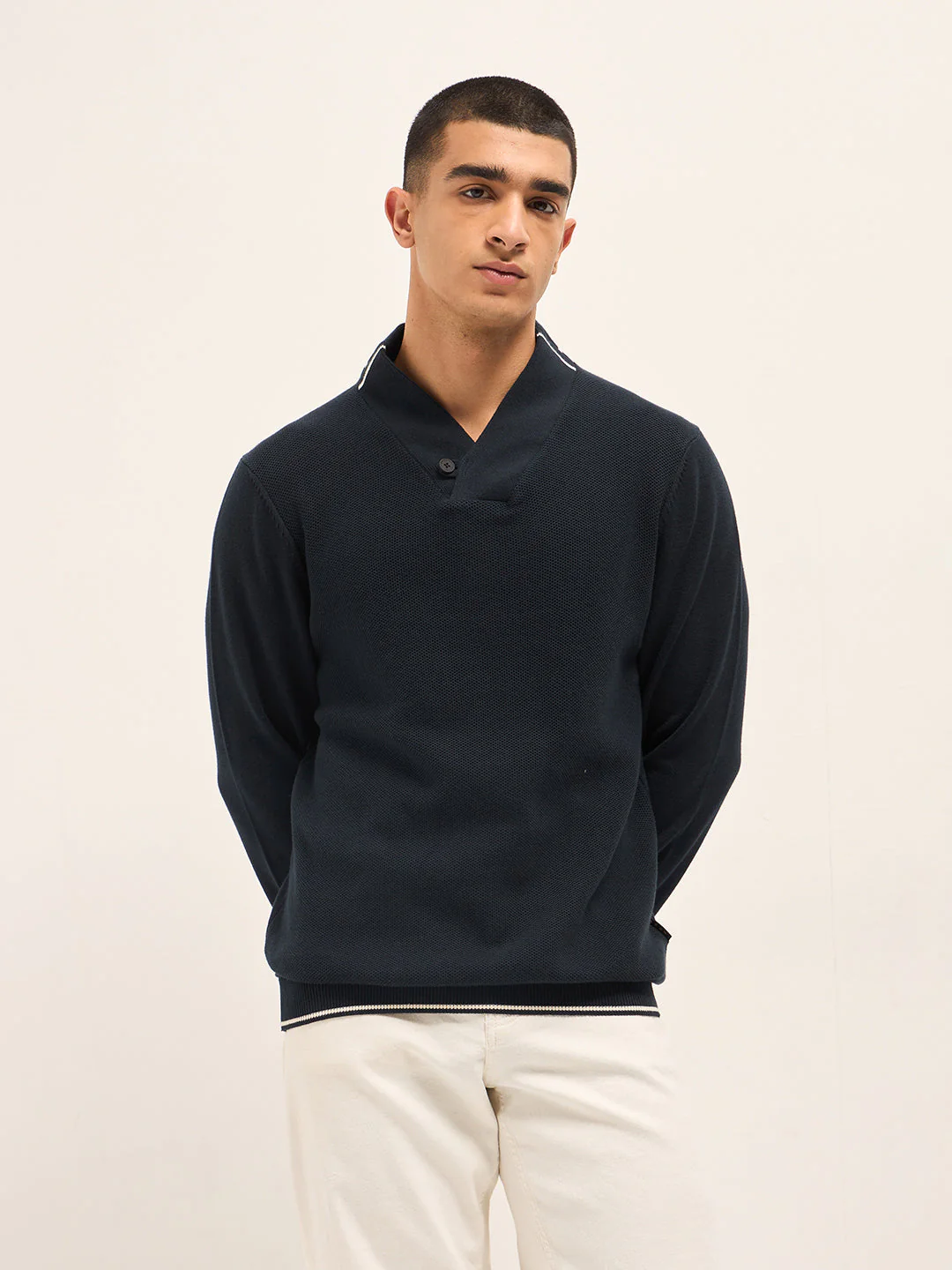 Men Navy Blue Textured Slim Fit Shawl Collar Full Sleeve T-shirt - Image 6