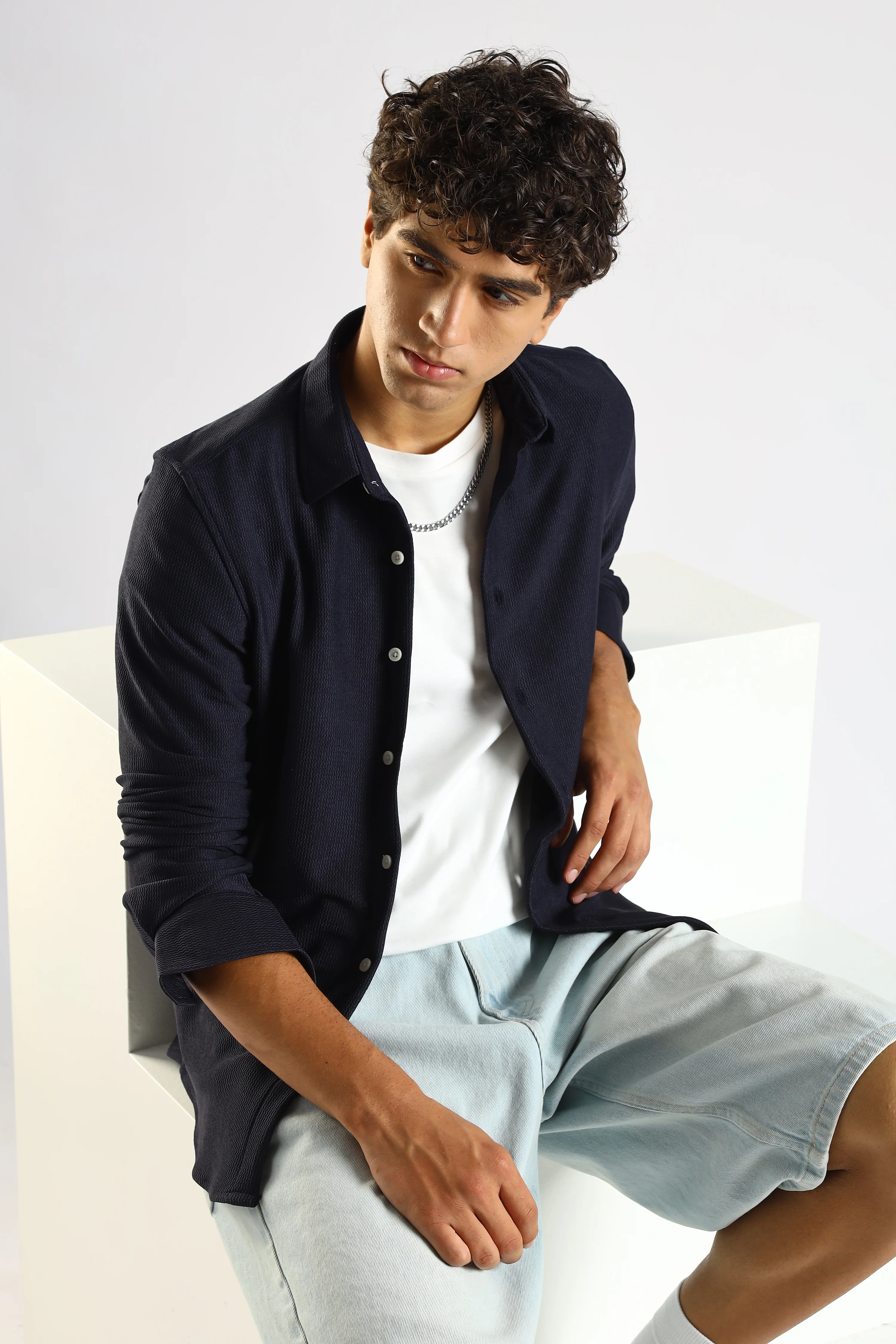 Men Navy Blue Textured Spread Collar Shirt - Image 10