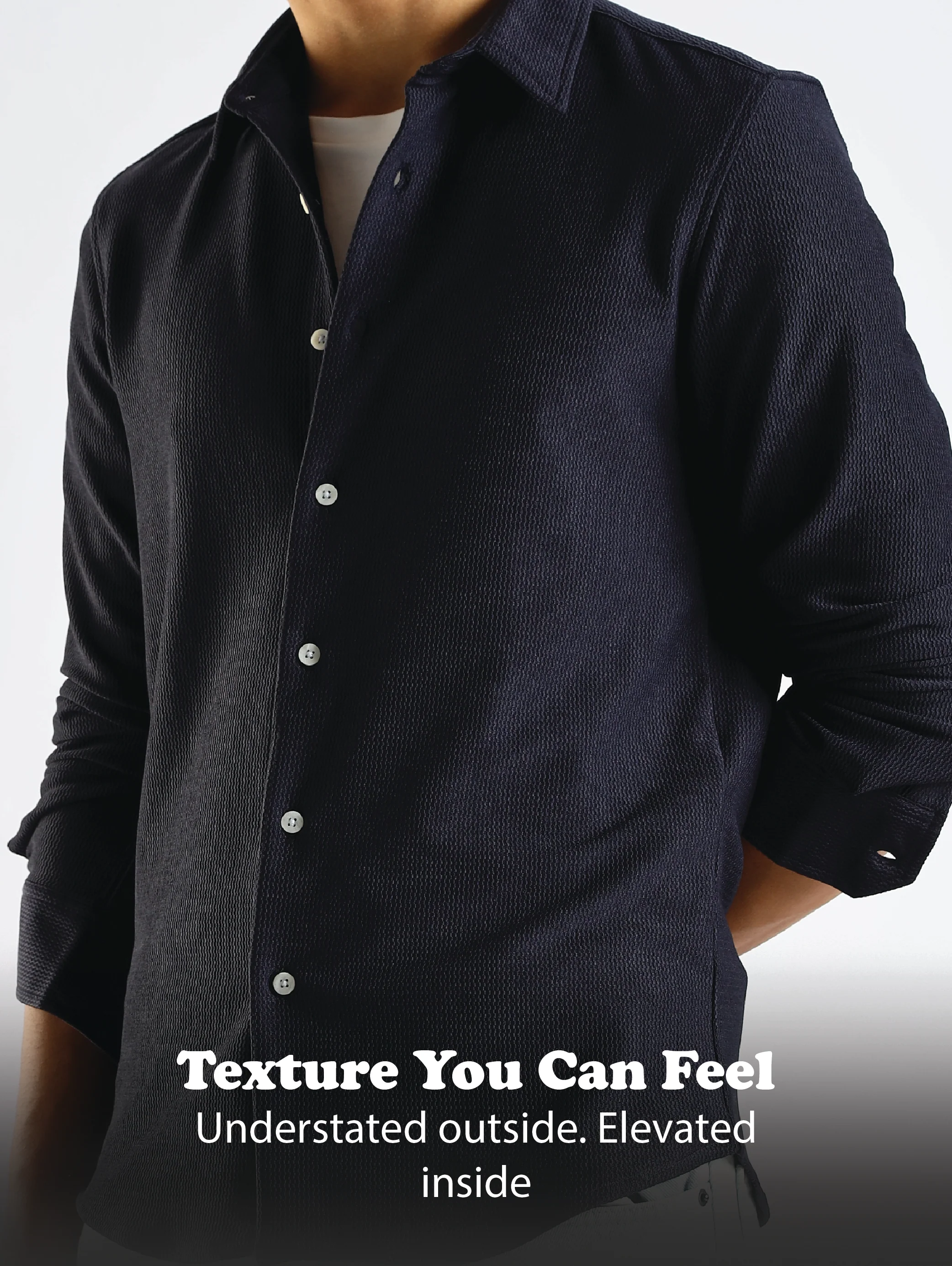 Men Navy Blue Textured Spread Collar Shirt - Image 11