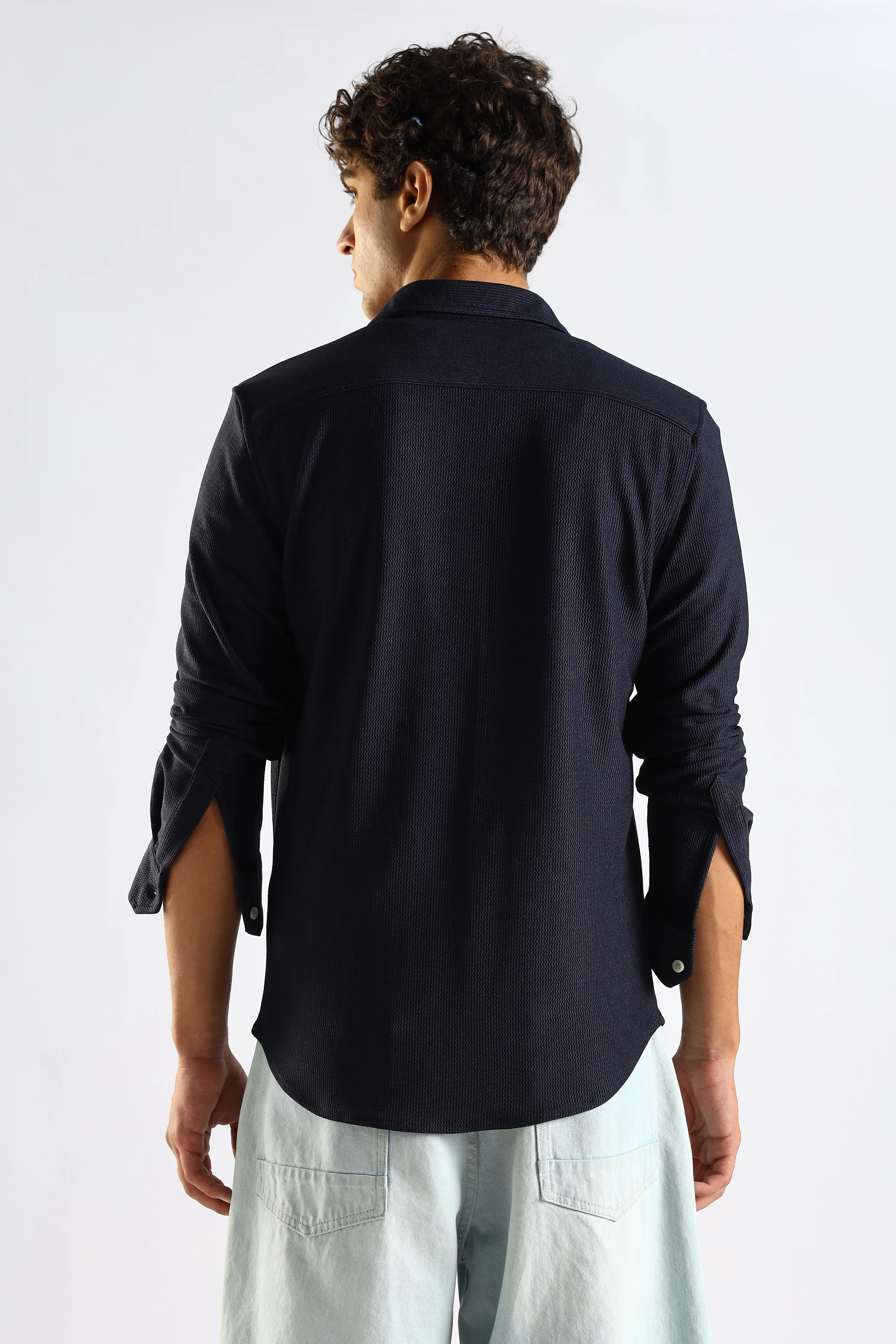 Men Navy Blue Textured Spread Collar Shirt - Image 2