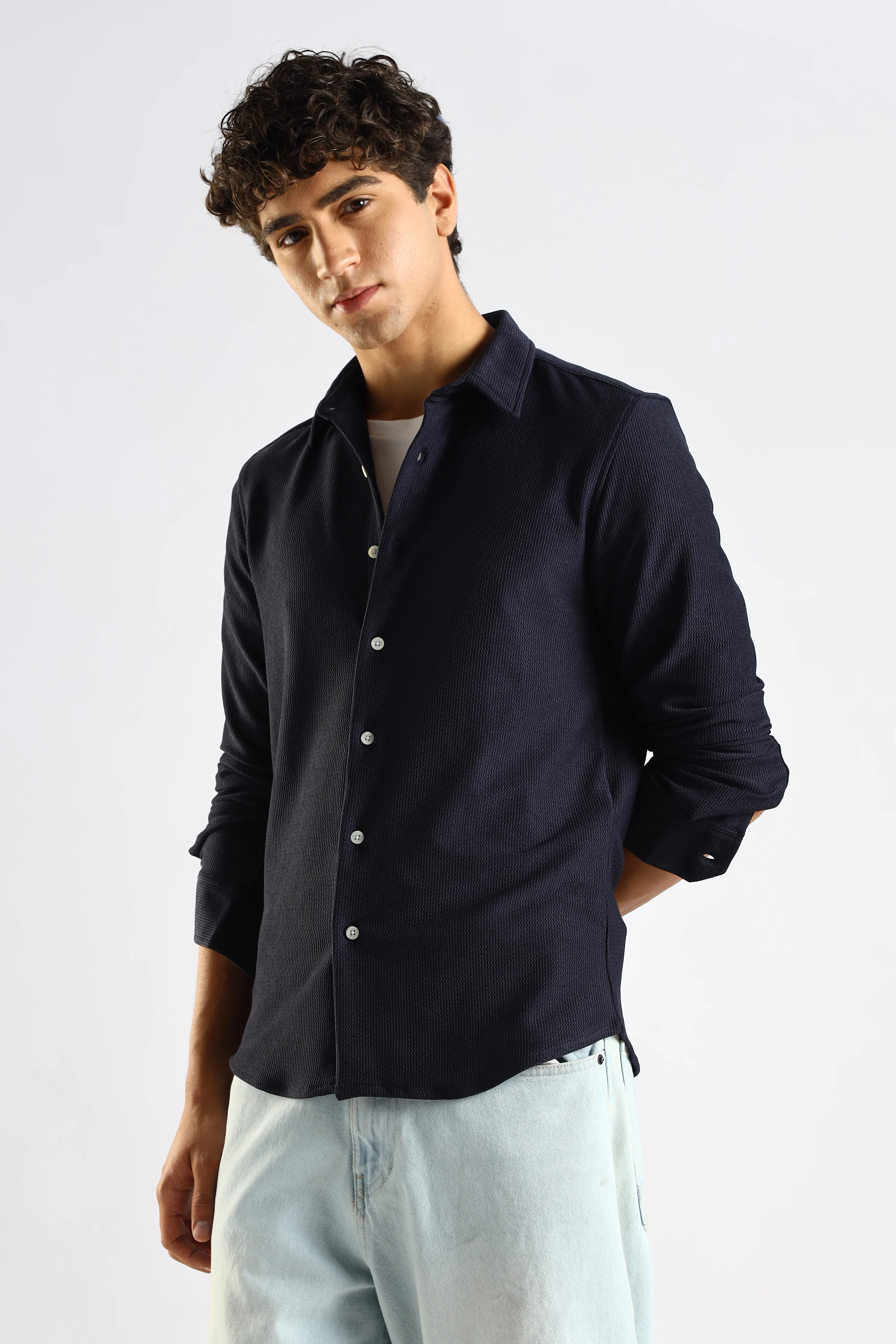 Men Navy Blue Textured Spread Collar Shirt - Image 3