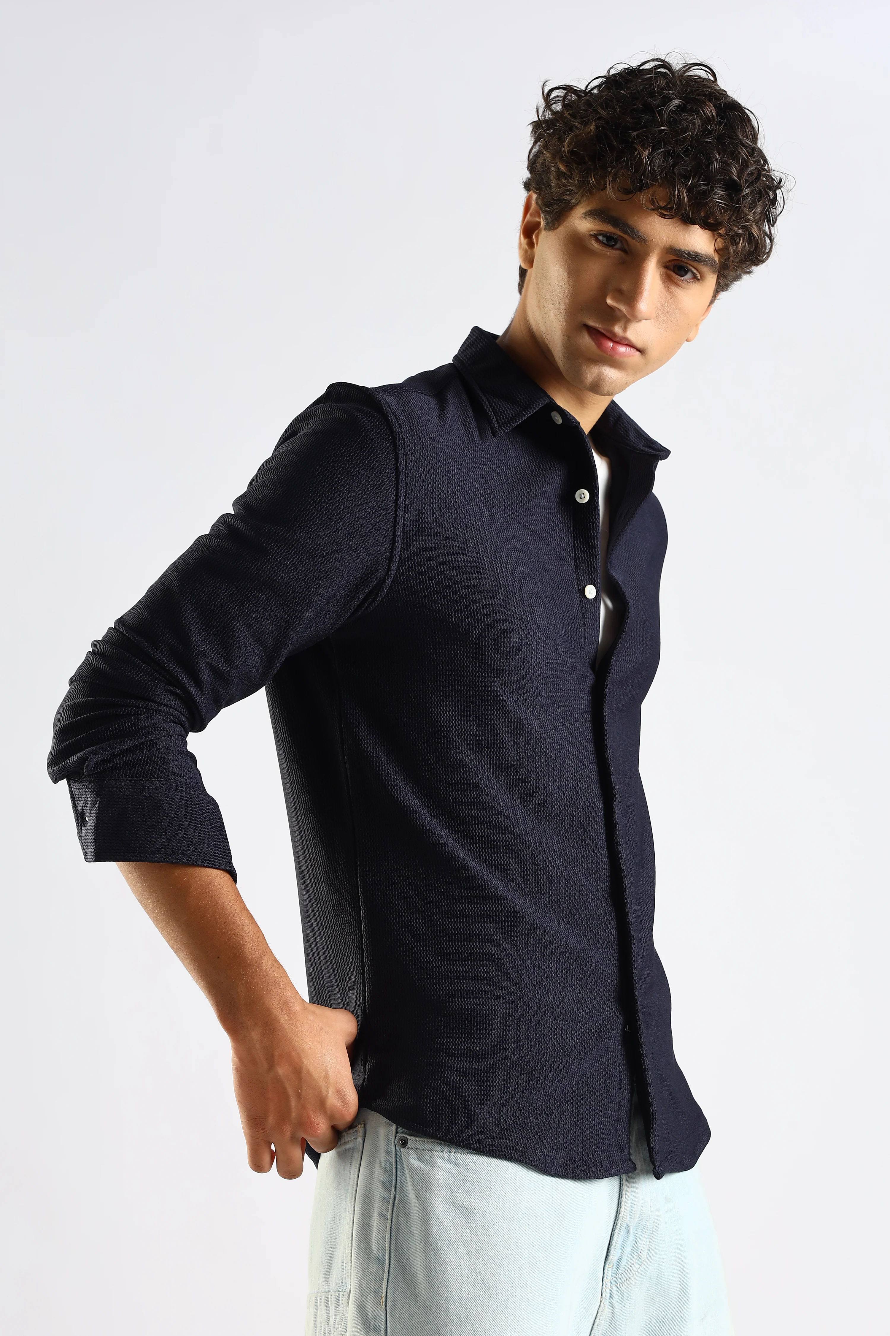 Men Navy Blue Textured Spread Collar Shirt - Image 4