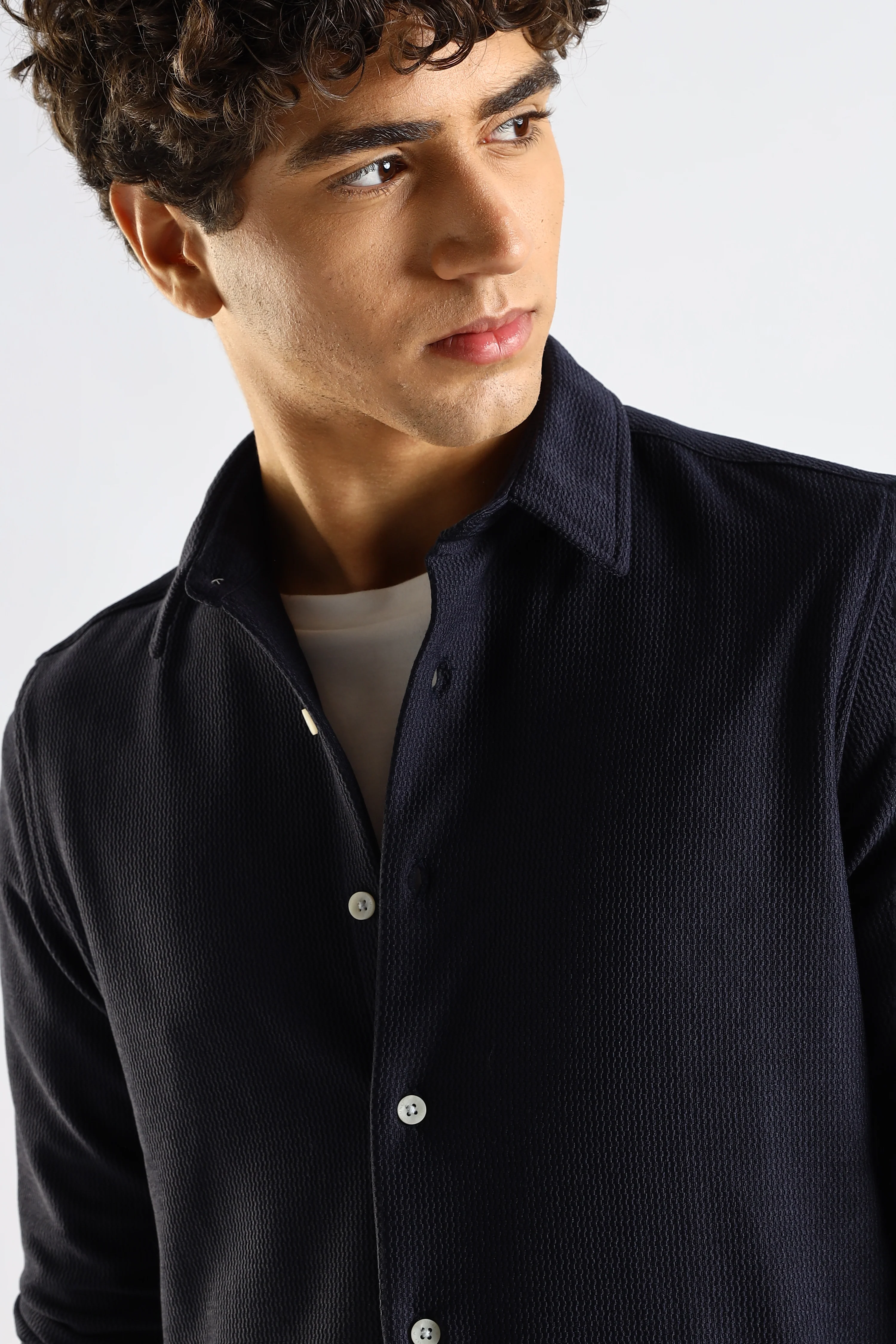 Men Navy Blue Textured Spread Collar Shirt - Image 5