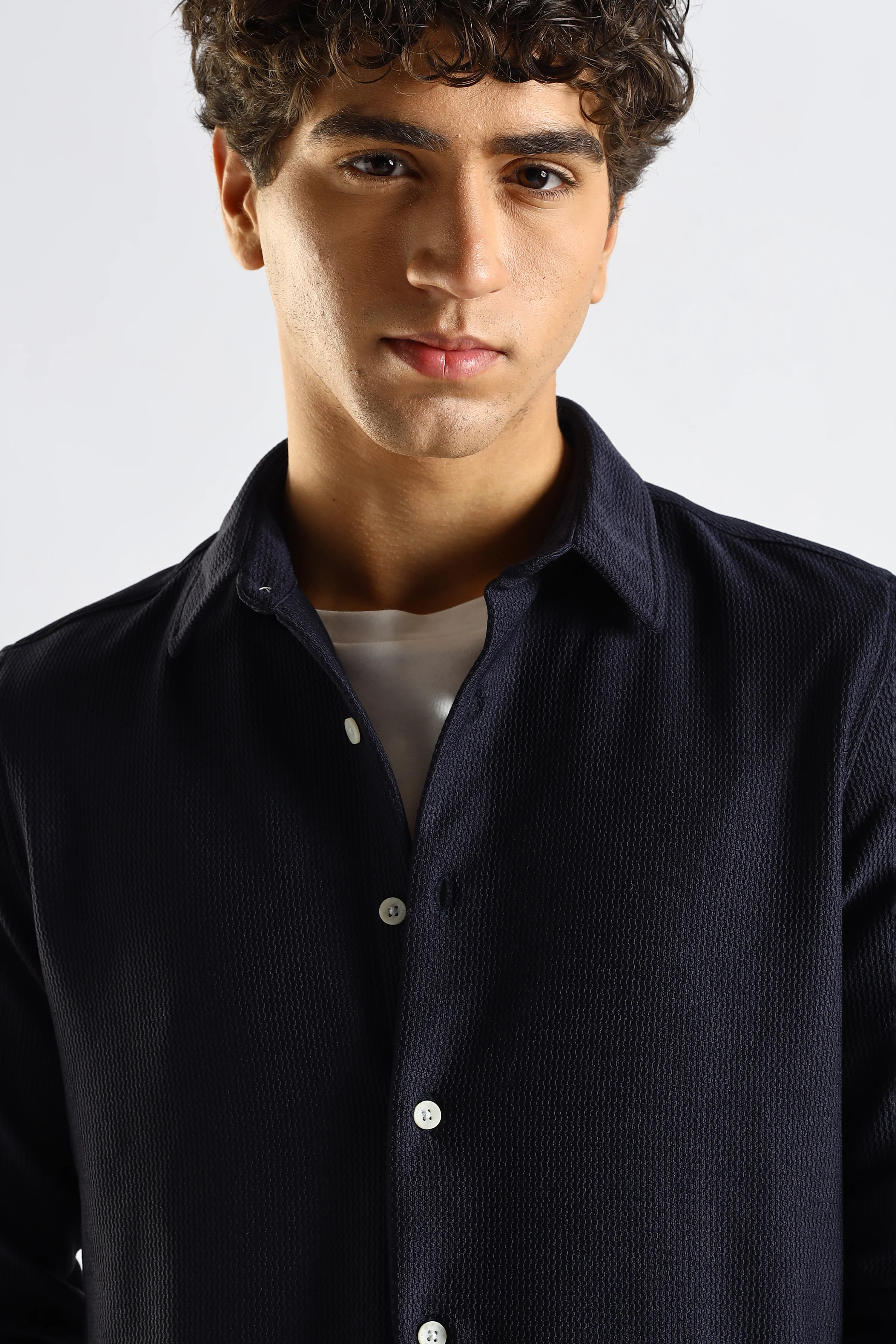 Men Navy Blue Textured Spread Collar Shirt - Image 6