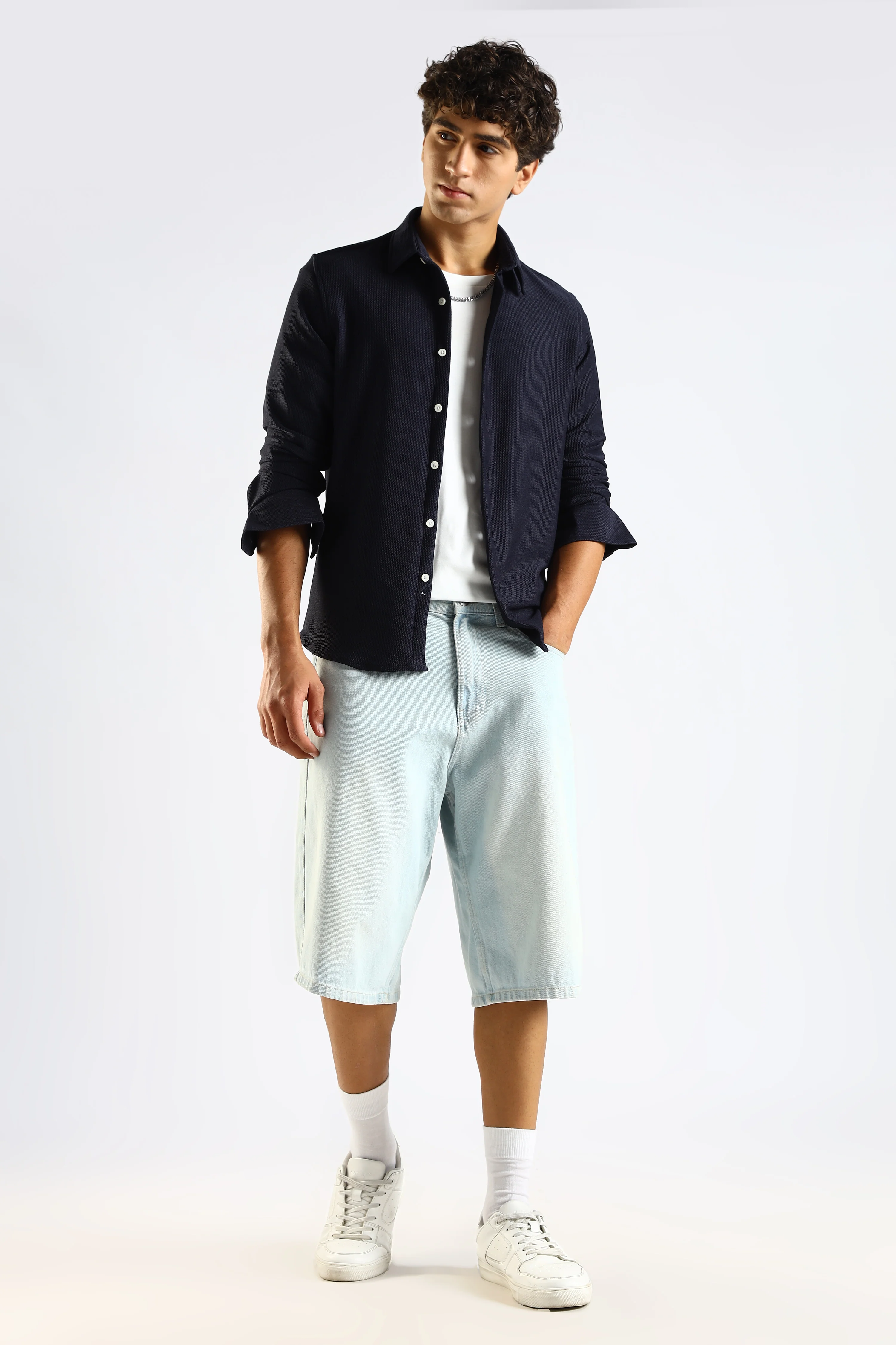 Men Navy Blue Textured Spread Collar Shirt - Image 7