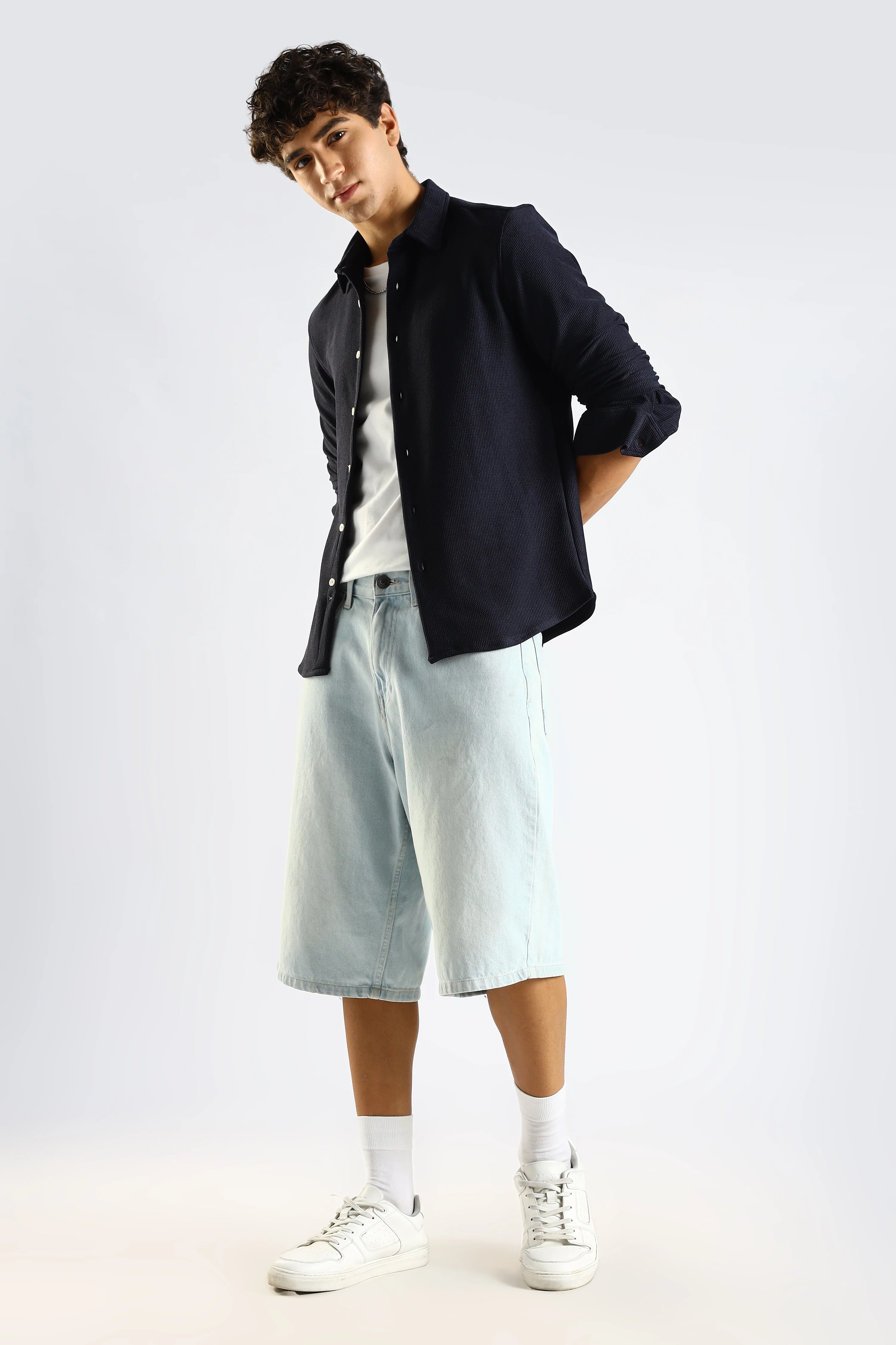 Men Navy Blue Textured Spread Collar Shirt - Image 8