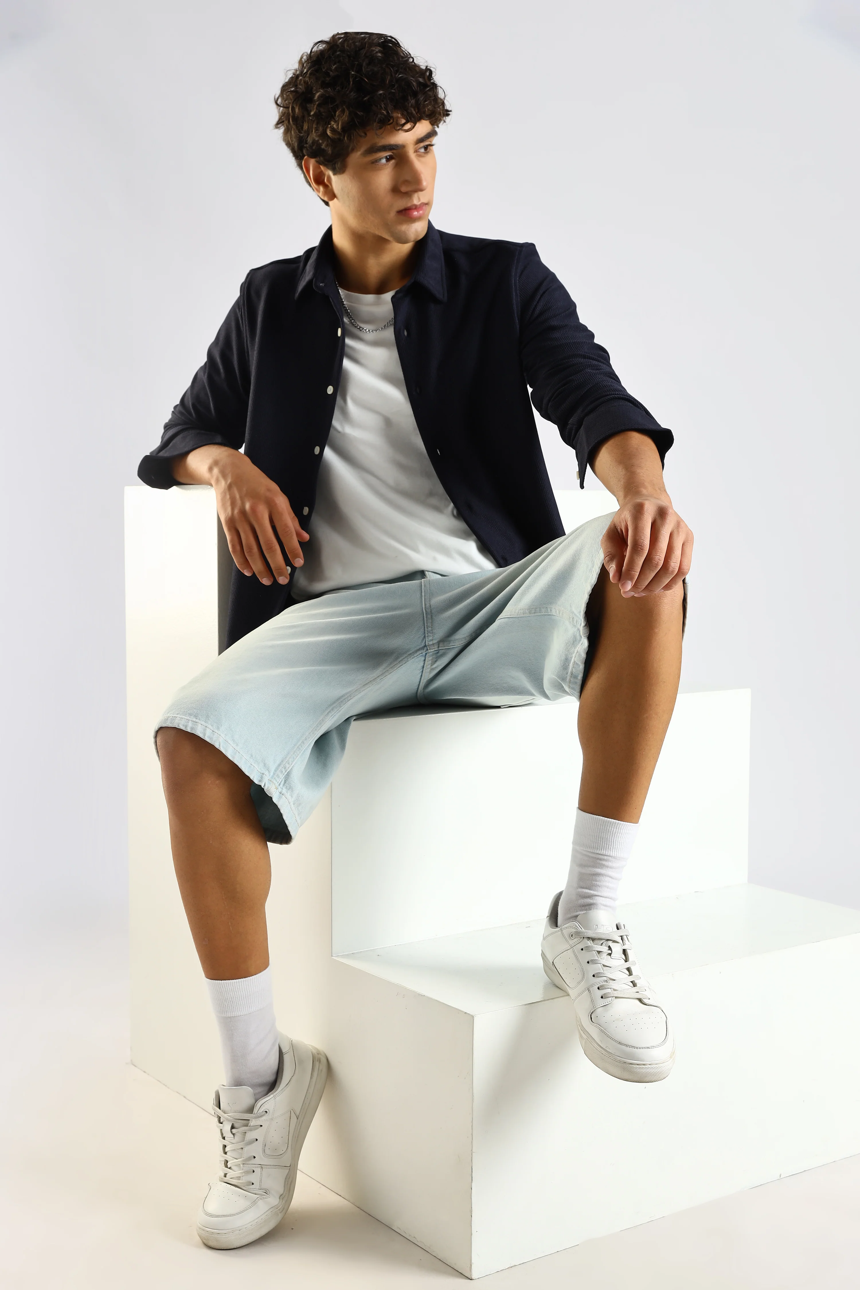 Men Navy Blue Textured Spread Collar Shirt - Image 9