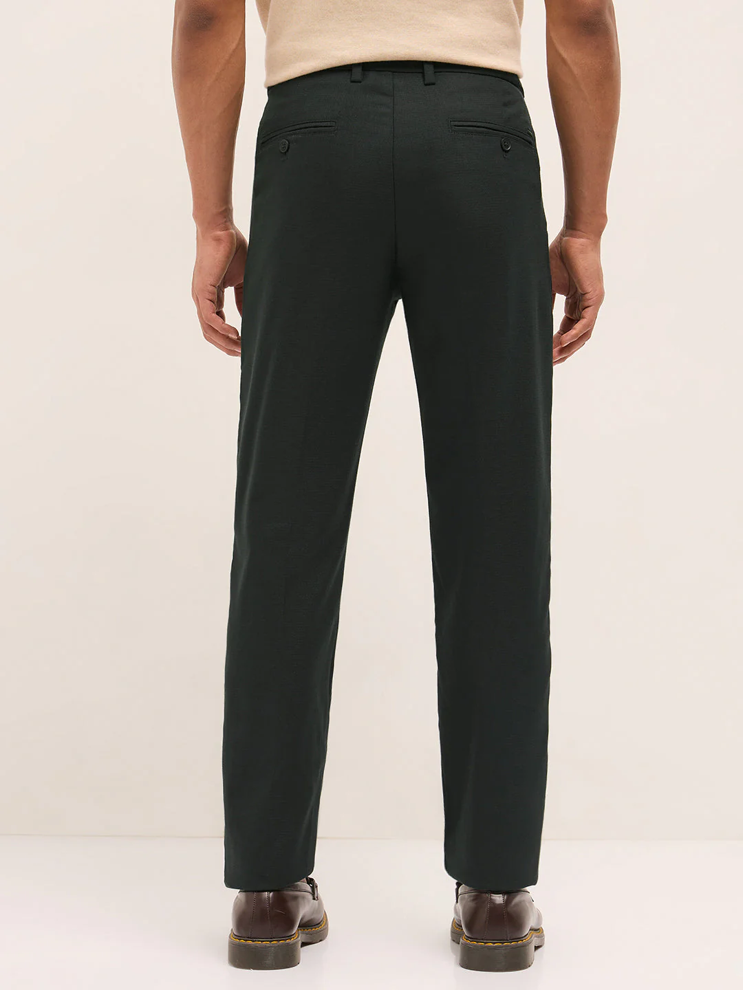 Men Navy Blue Textured Weave Regular Fit Formal Trousers - Image 2