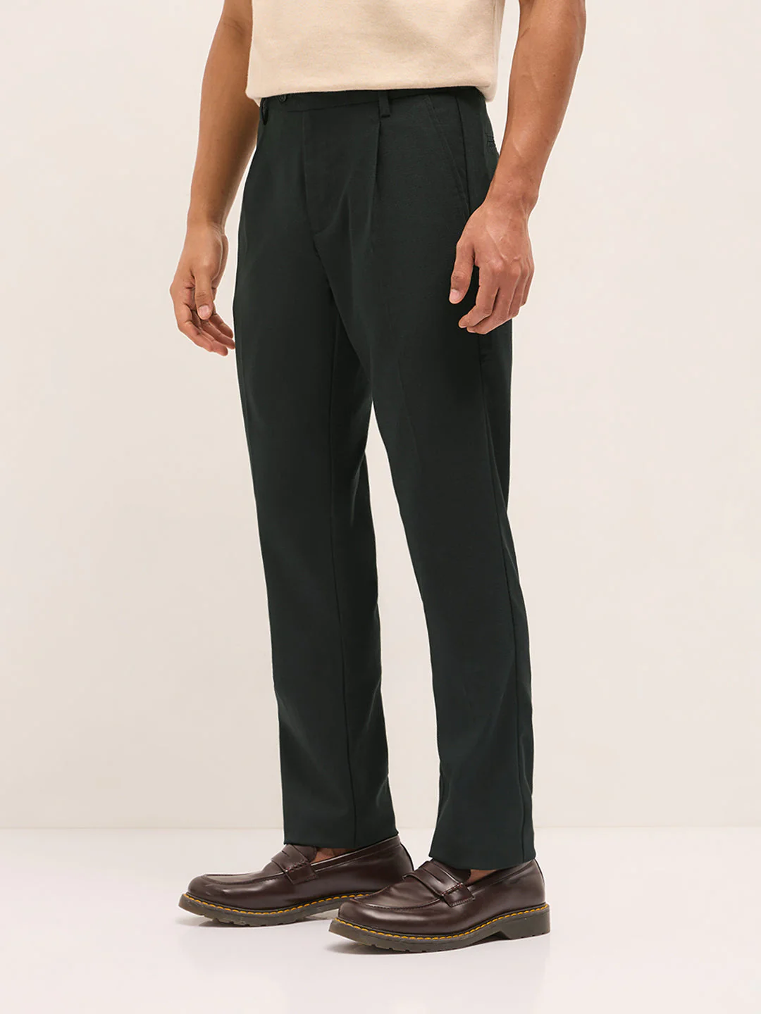 Men Navy Blue Textured Weave Regular Fit Formal Trousers - Image 3