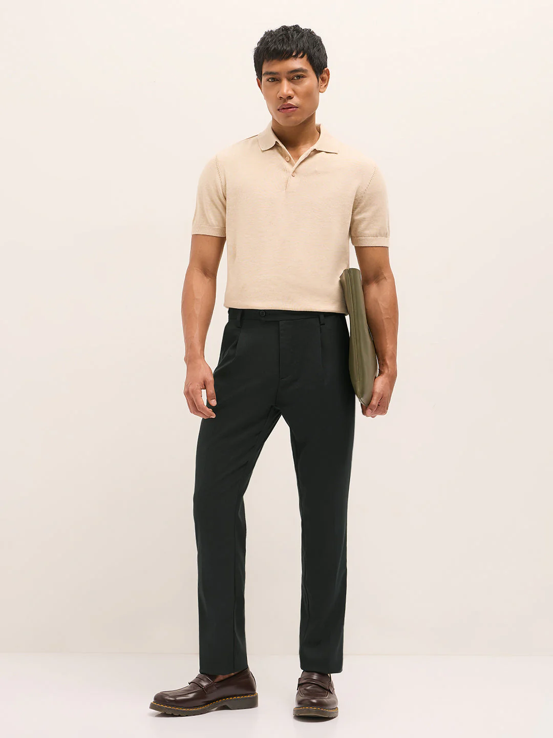Men Navy Blue Textured Weave Regular Fit Formal Trousers - Image 4