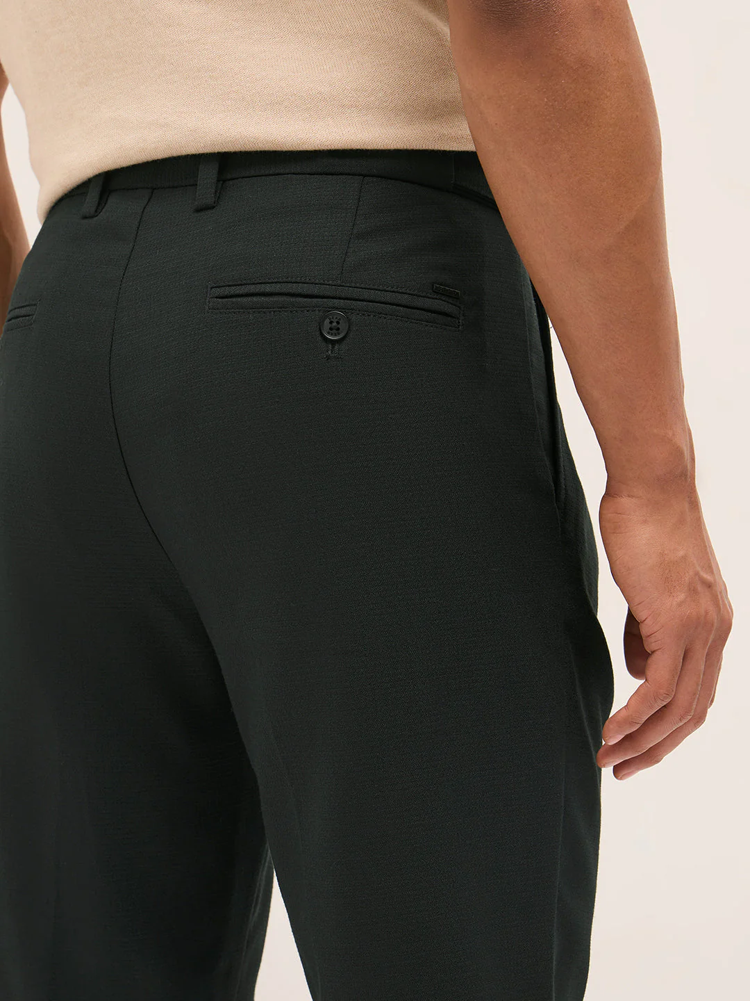 Men Navy Blue Textured Weave Regular Fit Formal Trousers - Image 6