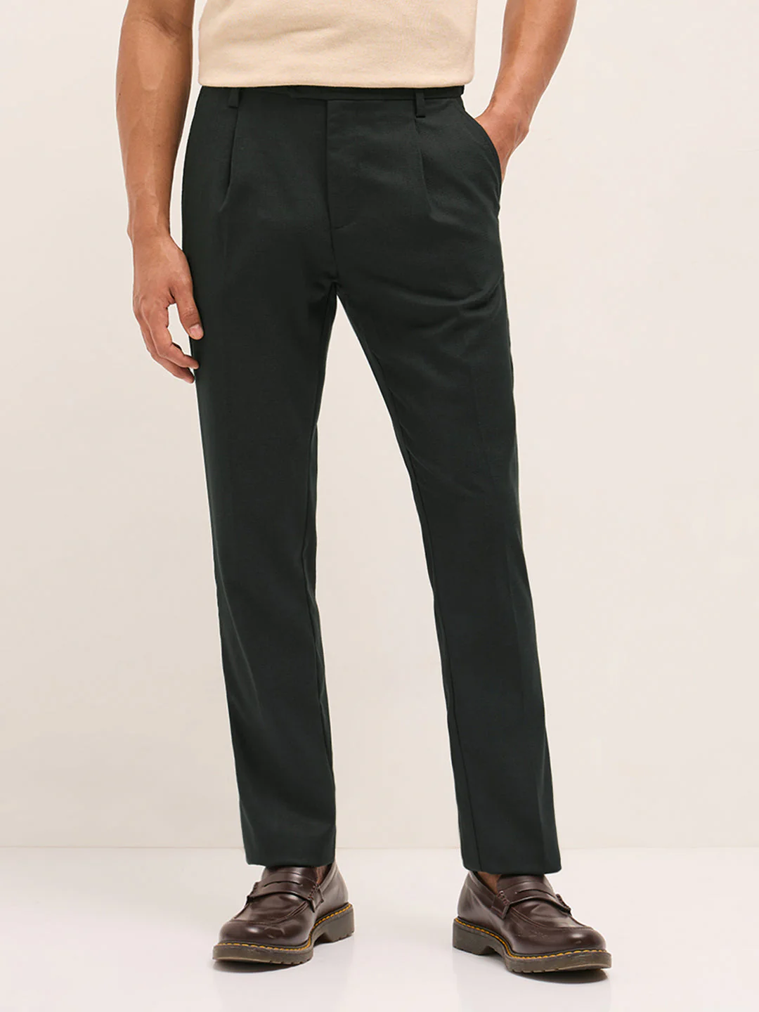 Men Navy Blue Textured Weave Regular Fit Formal Trousers - Image 7