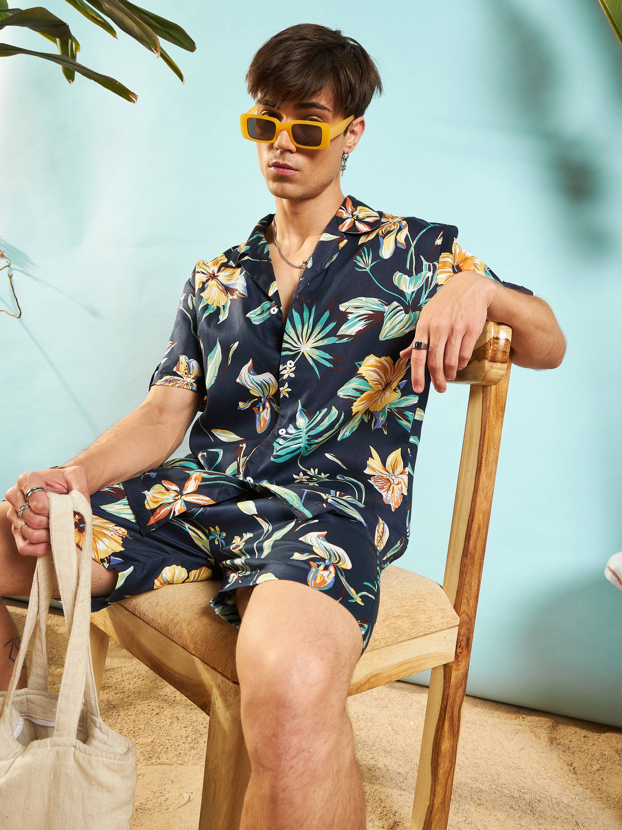 Men Navy Blue Tropical Relax Shirt - Image 2