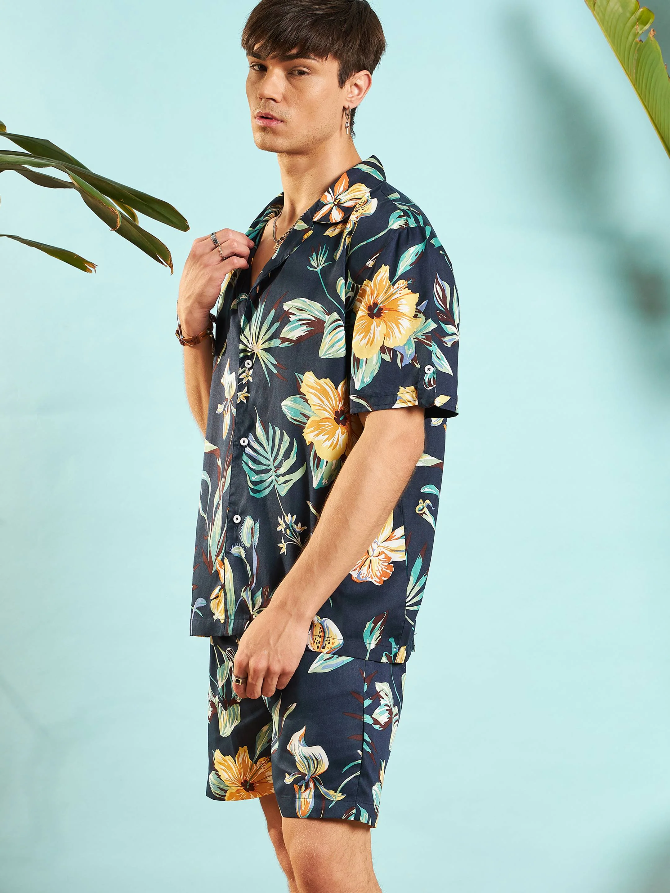 Men Navy Blue Tropical Relax Shirt - Image 3