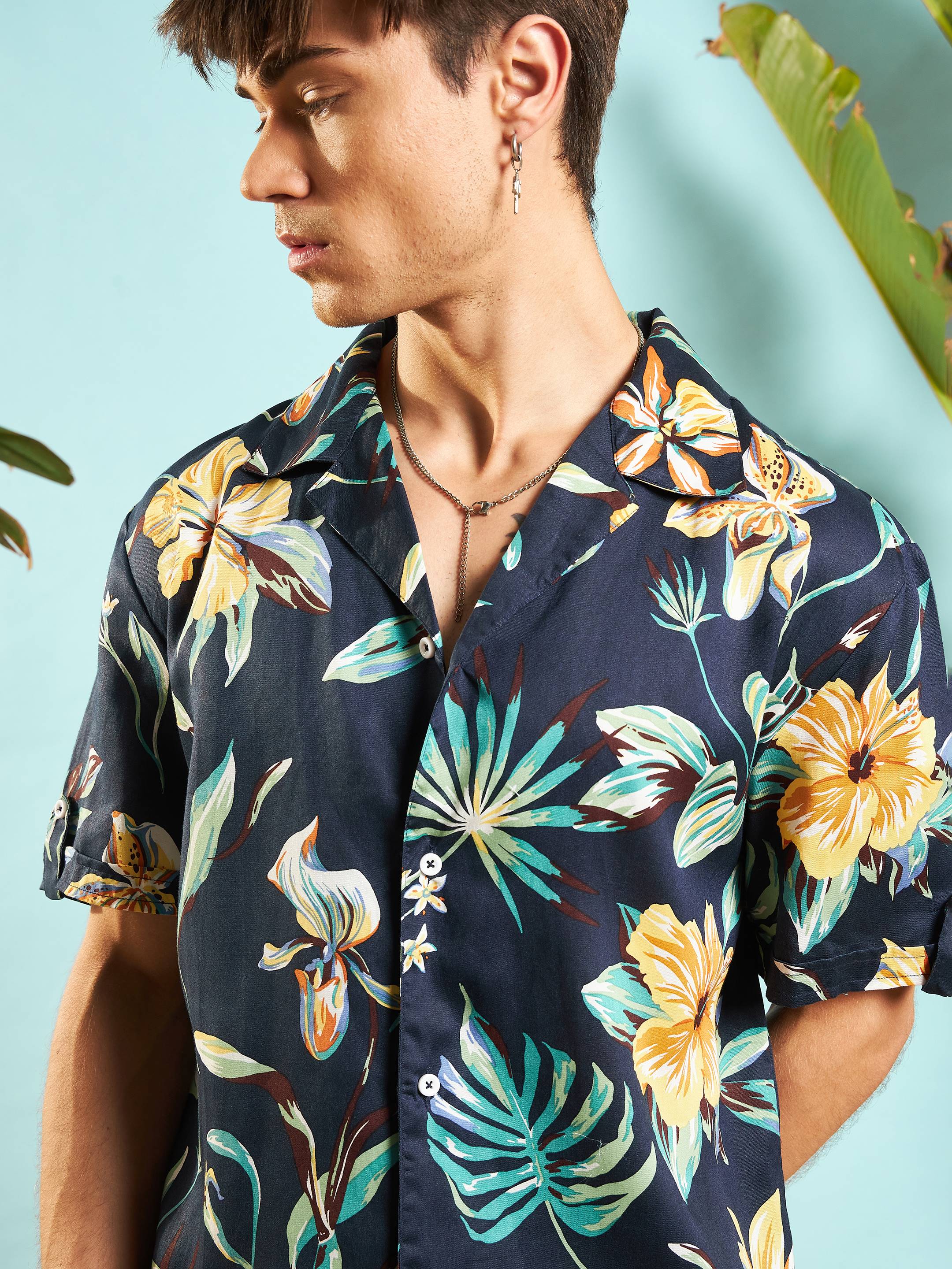 Men Navy Blue Tropical Relax Shirt - Image 4