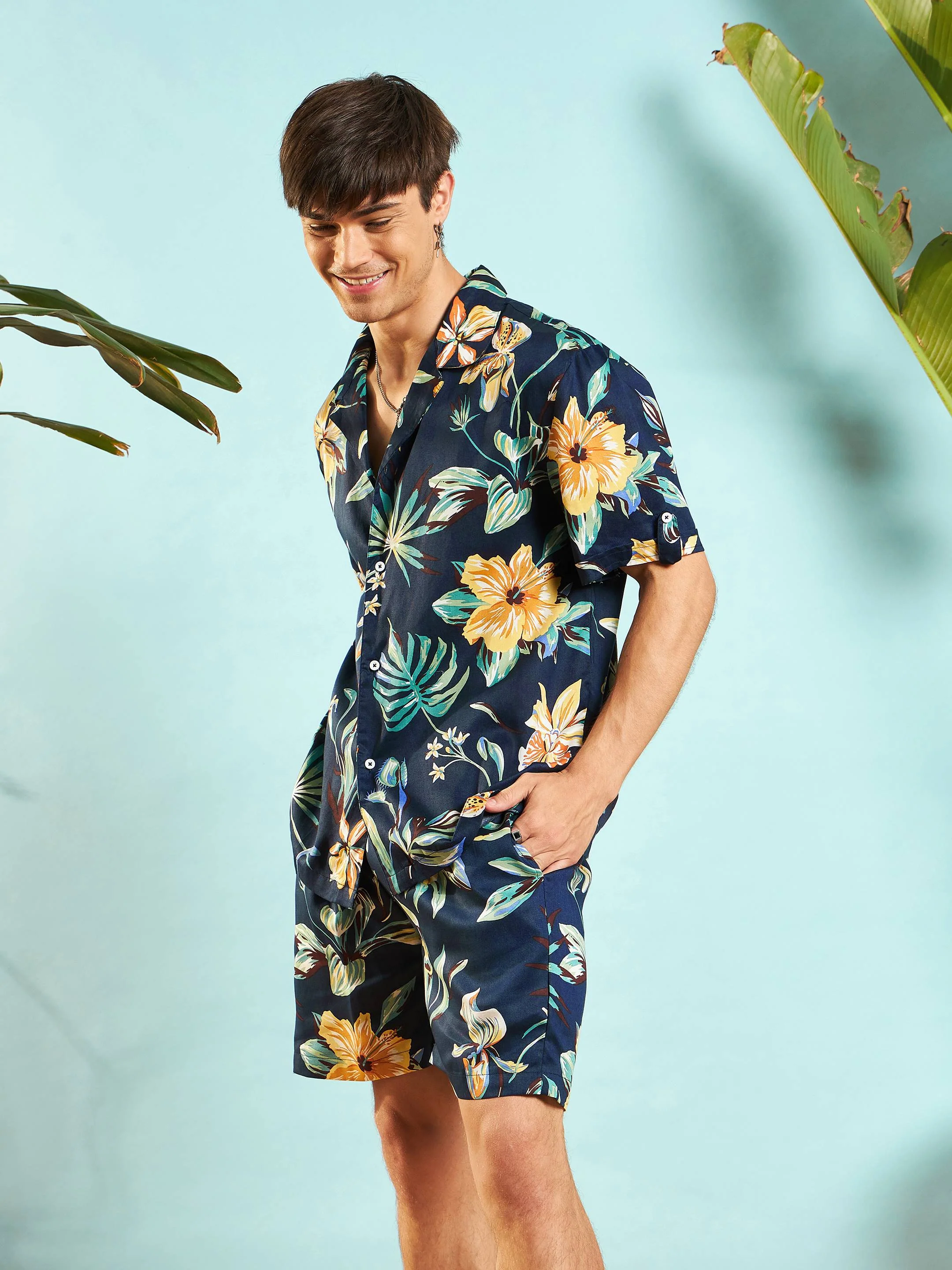 Men Navy Blue Tropical Shirt With Shorts - Image 5