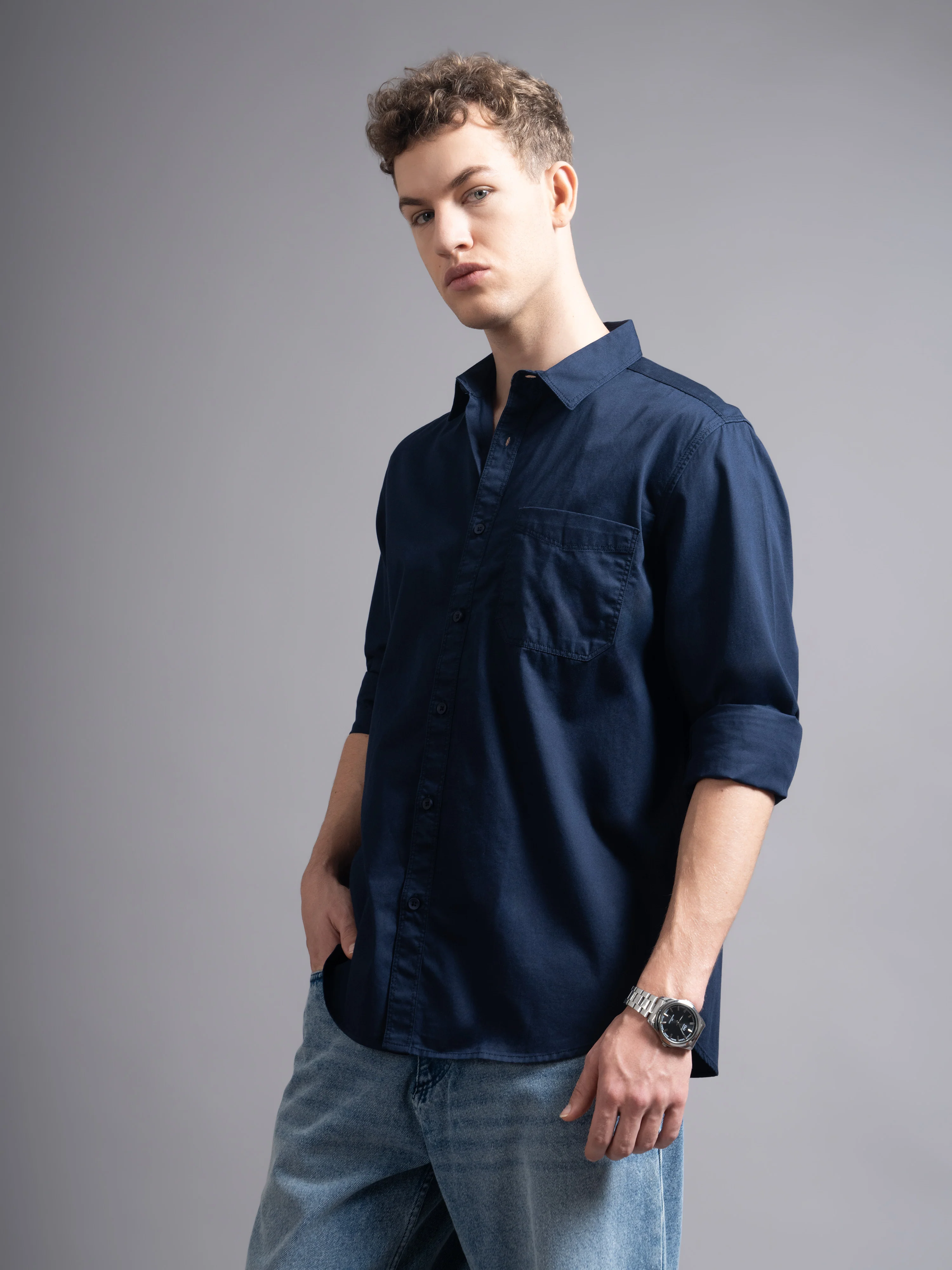 Men Navy Blue Twill Shirt - Image 5