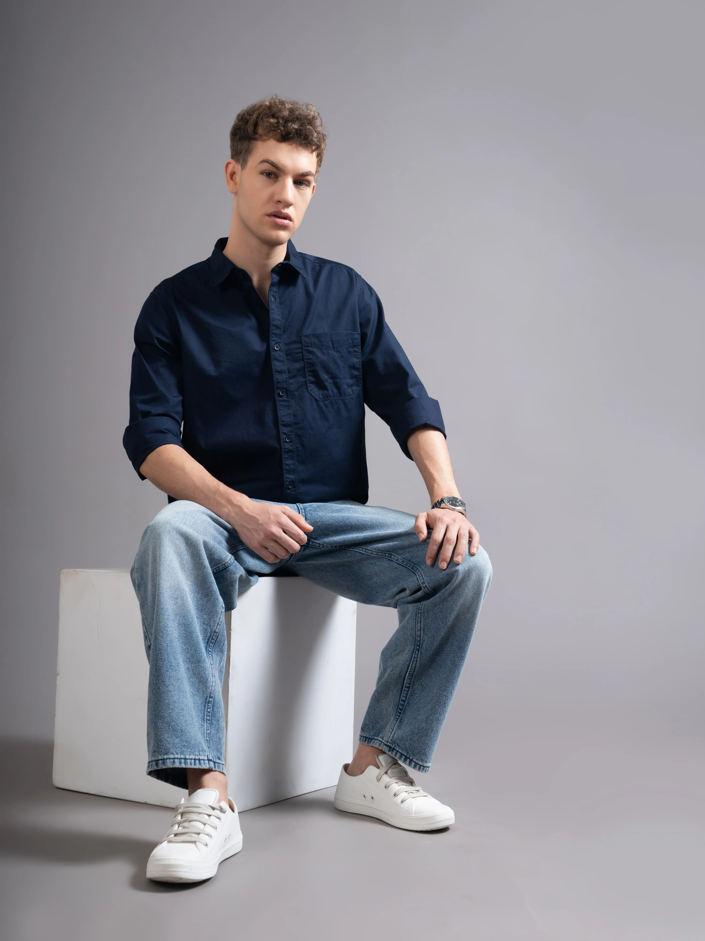Men Navy Blue Twill Shirt - Image 7