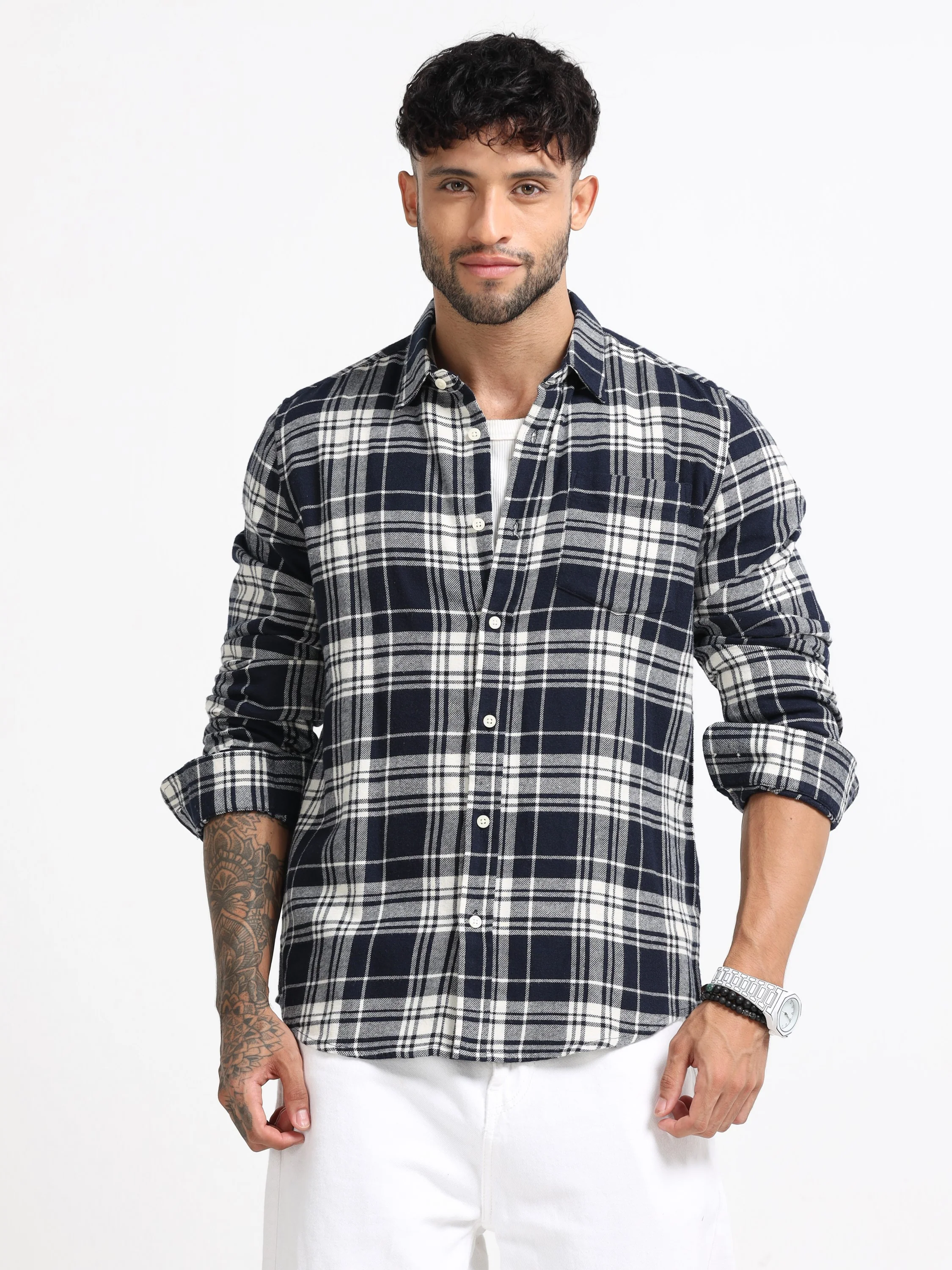 Men Navy & White Check Shirt - Image 2