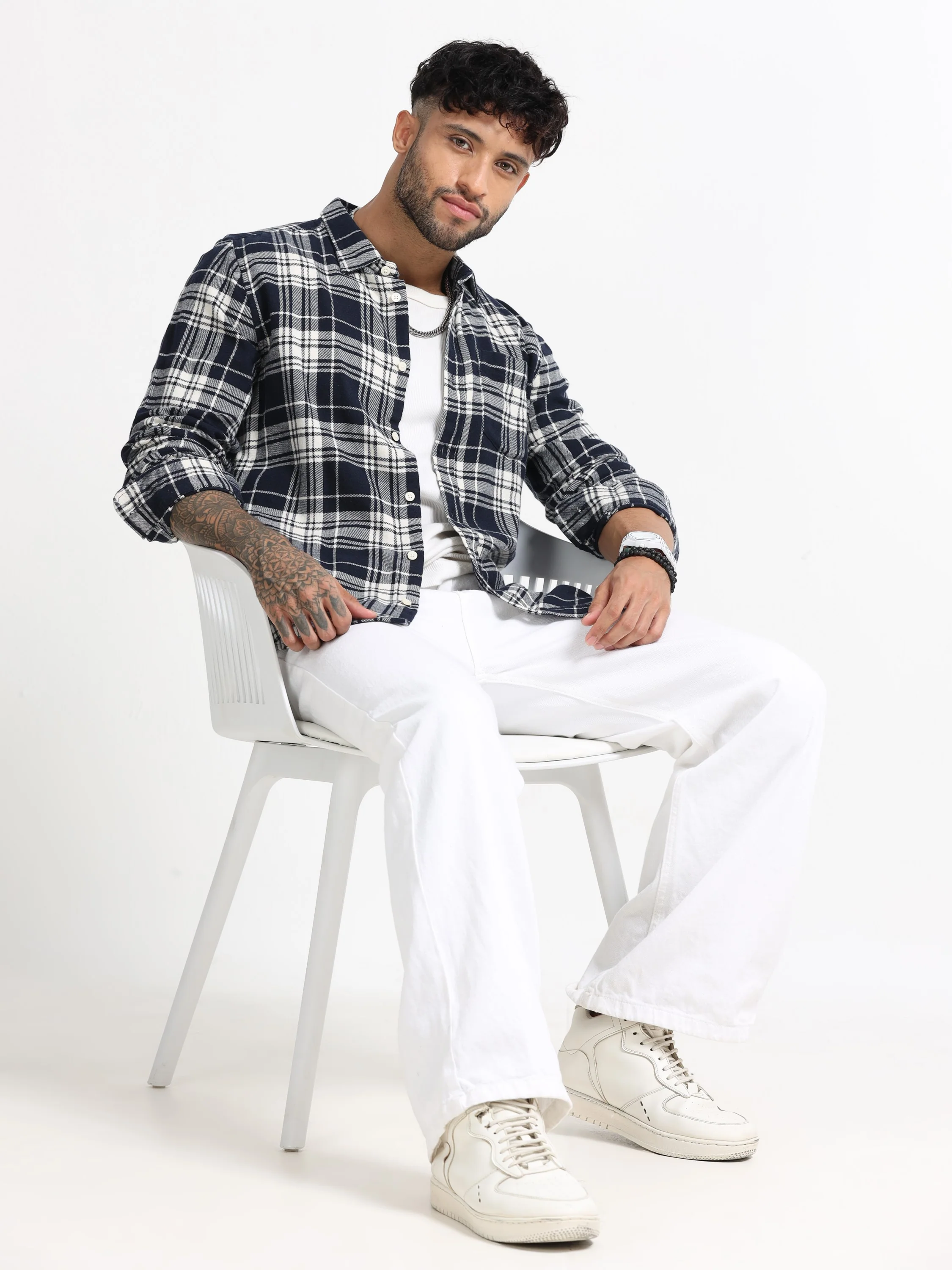 Men Navy & White Check Shirt - Image 6