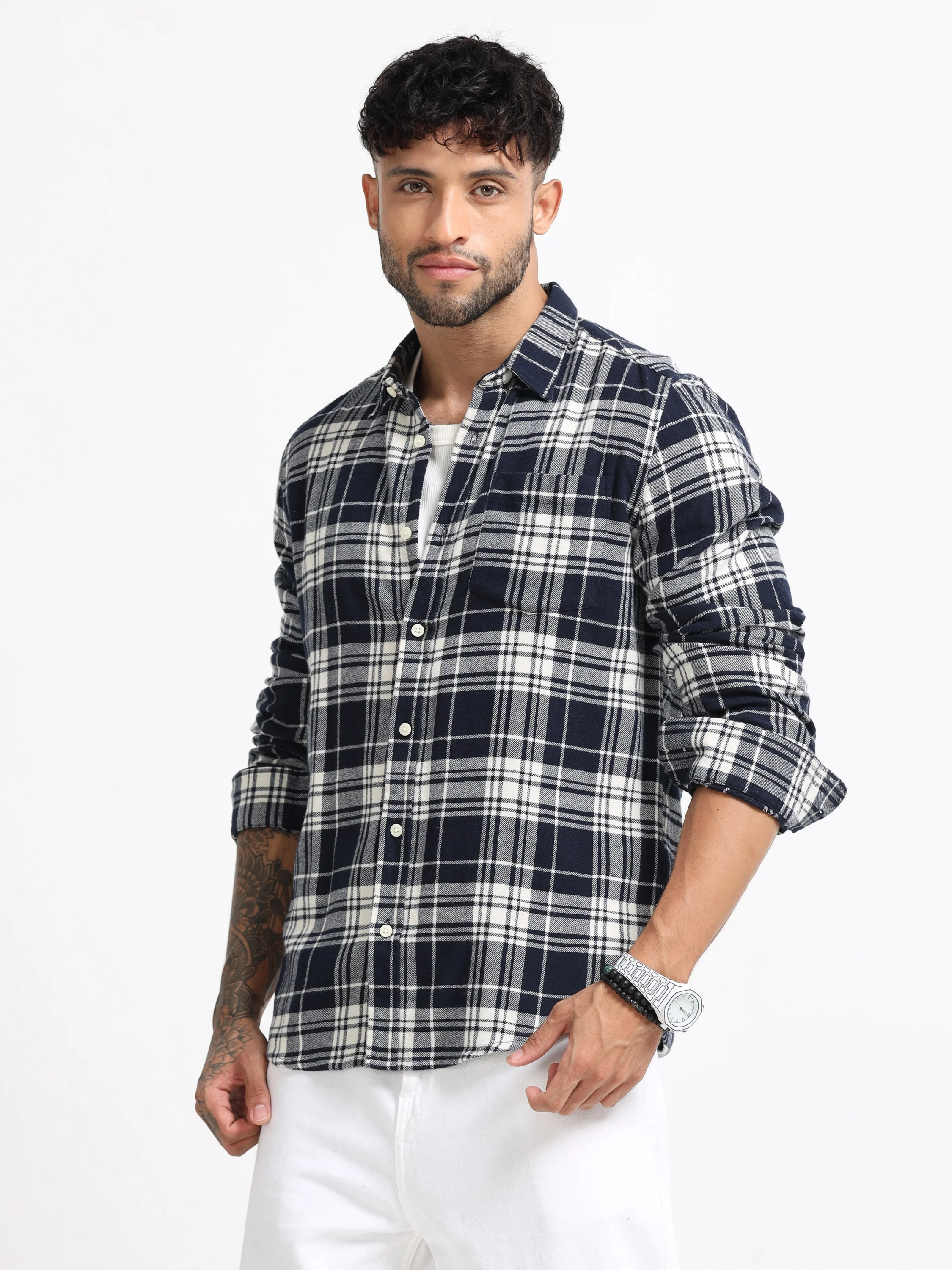 Men Navy & White Check Shirt - Image 7