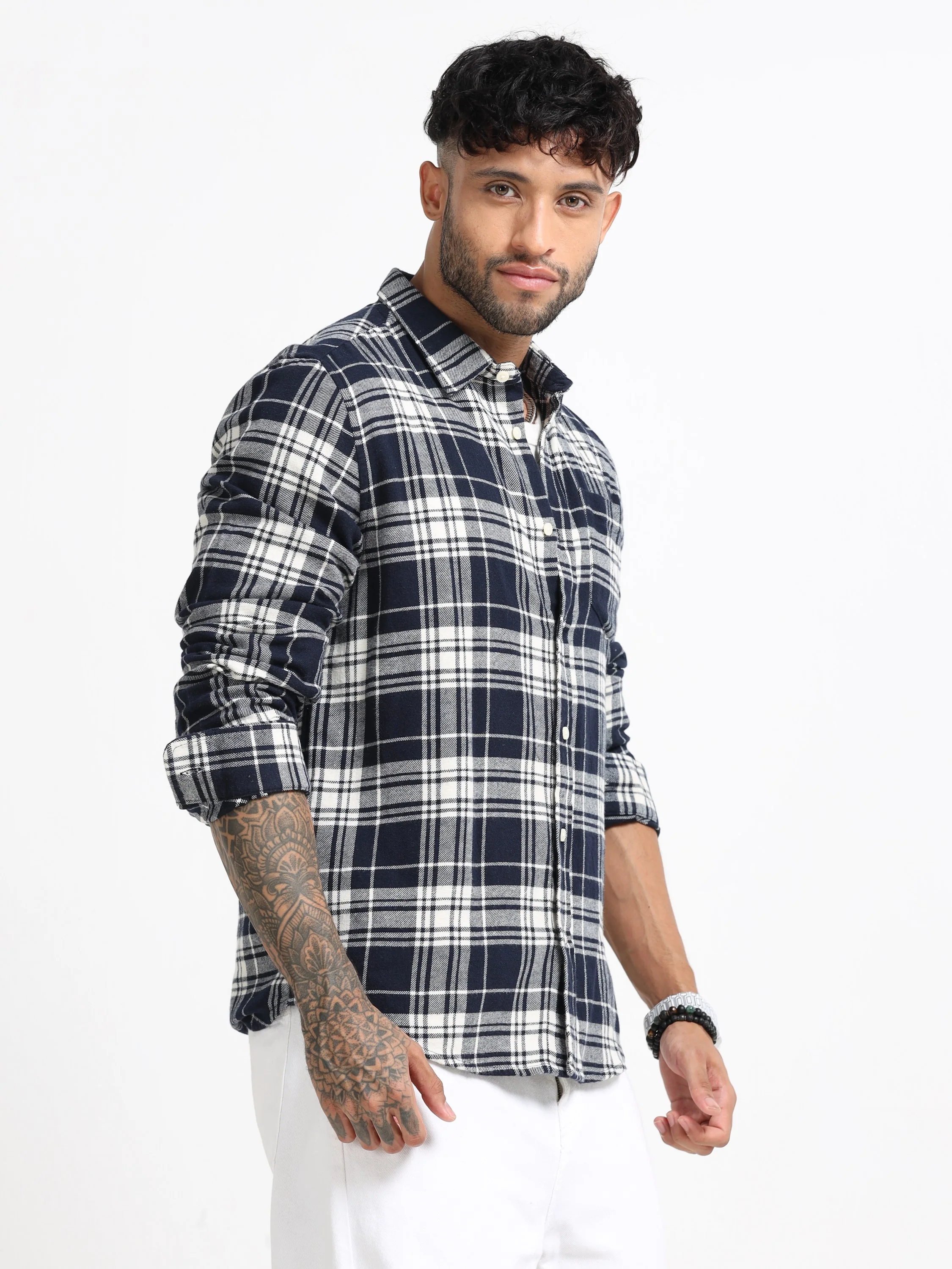 Men Navy & White Check Shirt - Image 8
