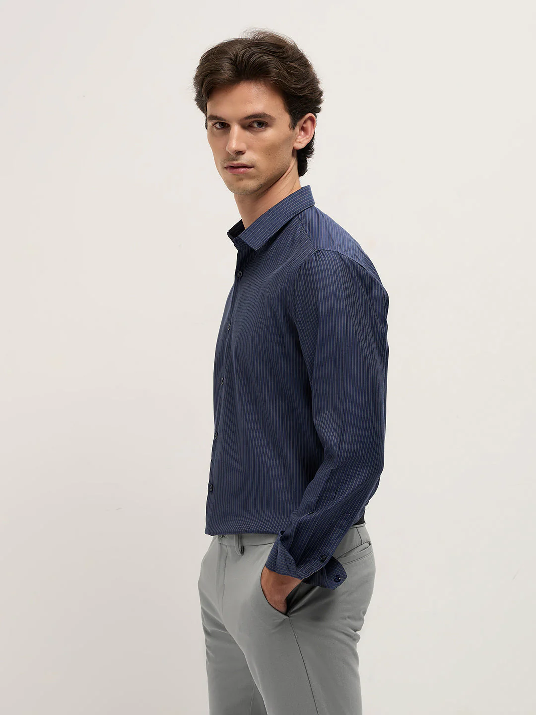 Men Navy Blue Woven Pin Stripe Design Tailored Fit Formal Shirt - Image 3