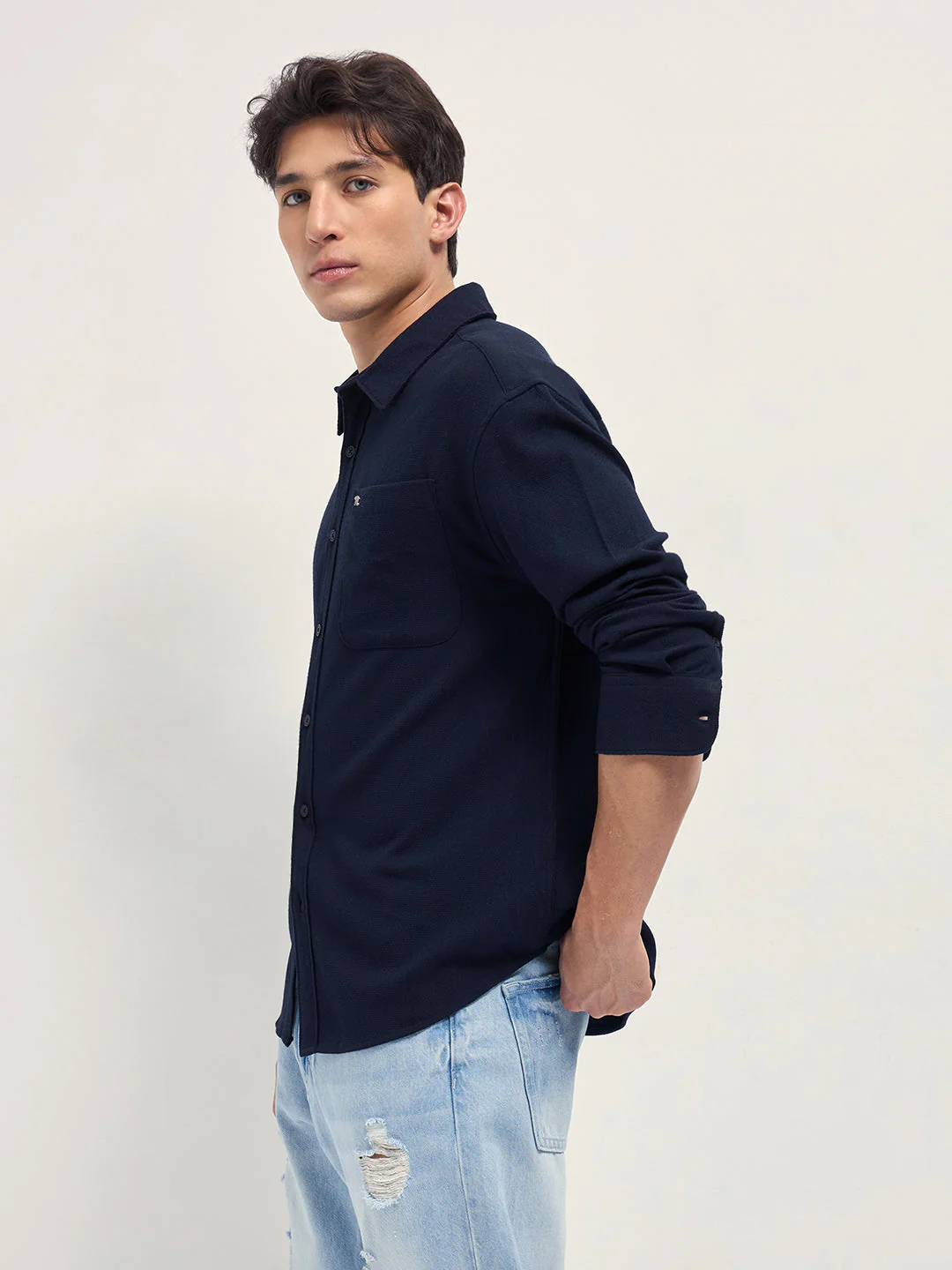 Men Navy Blue Woven Textured Relaxed Fit Casual Shirt - Image 3