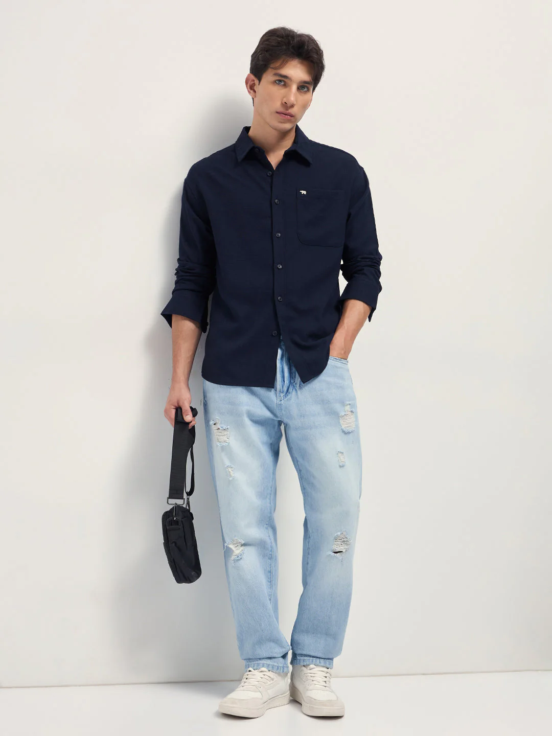 Men Navy Blue Woven Textured Relaxed Fit Casual Shirt - Image 4
