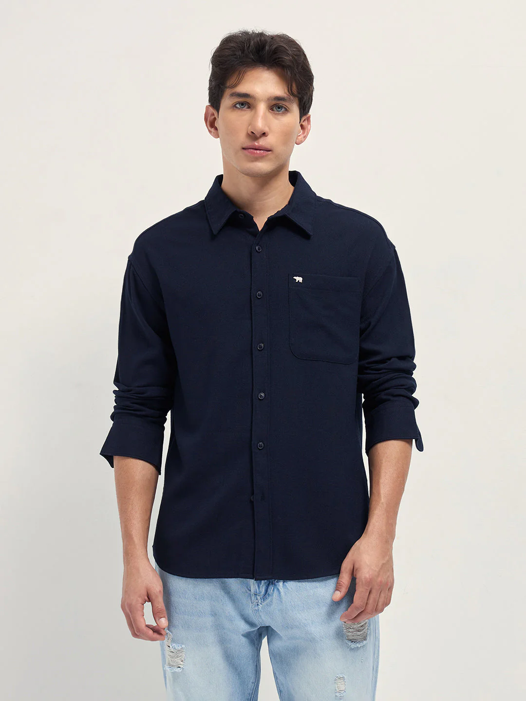 Men Navy Blue Woven Textured Relaxed Fit Casual Shirt - Image 6
