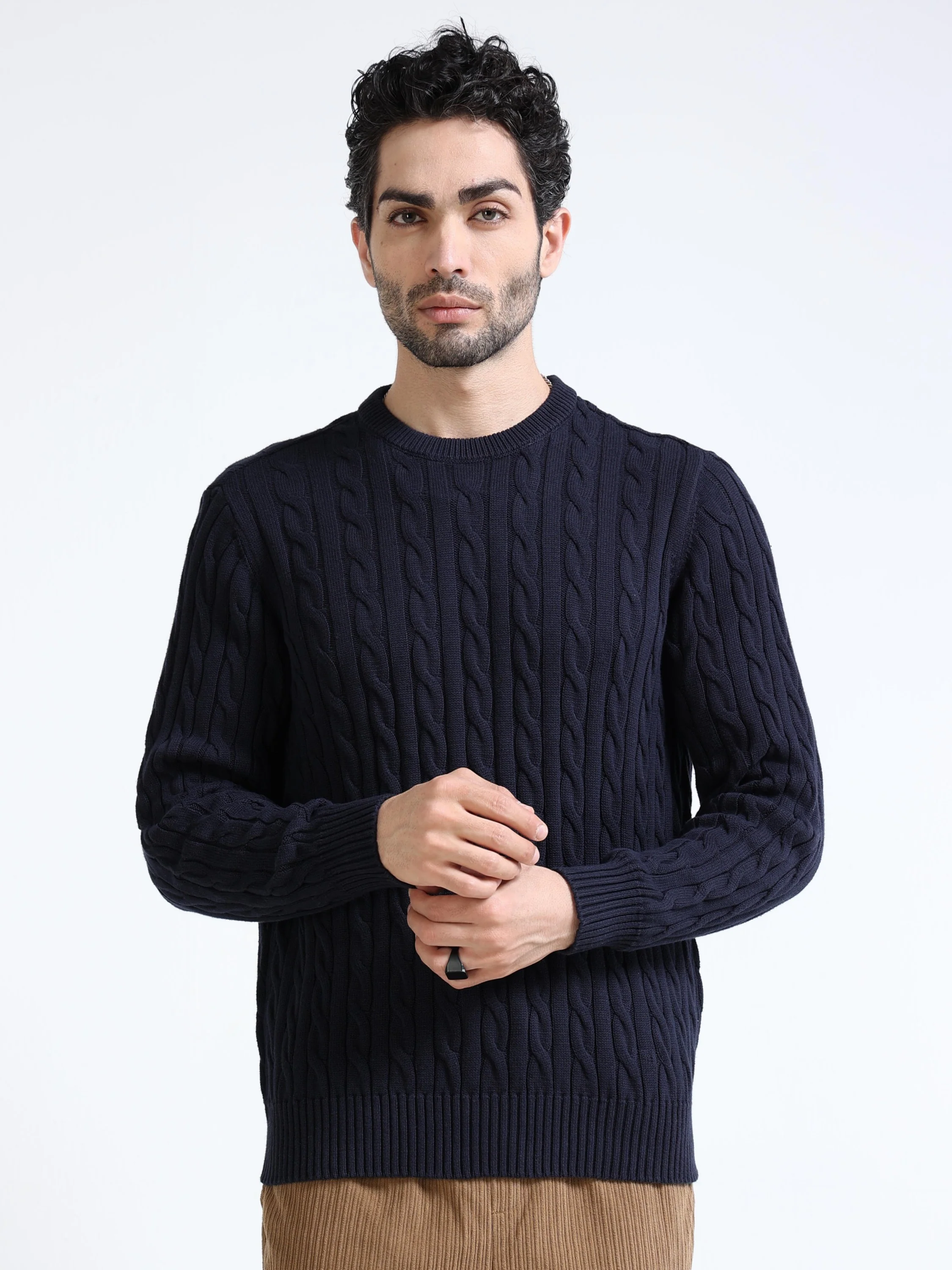 Men Navy Cable Knit Sweater - Image 2