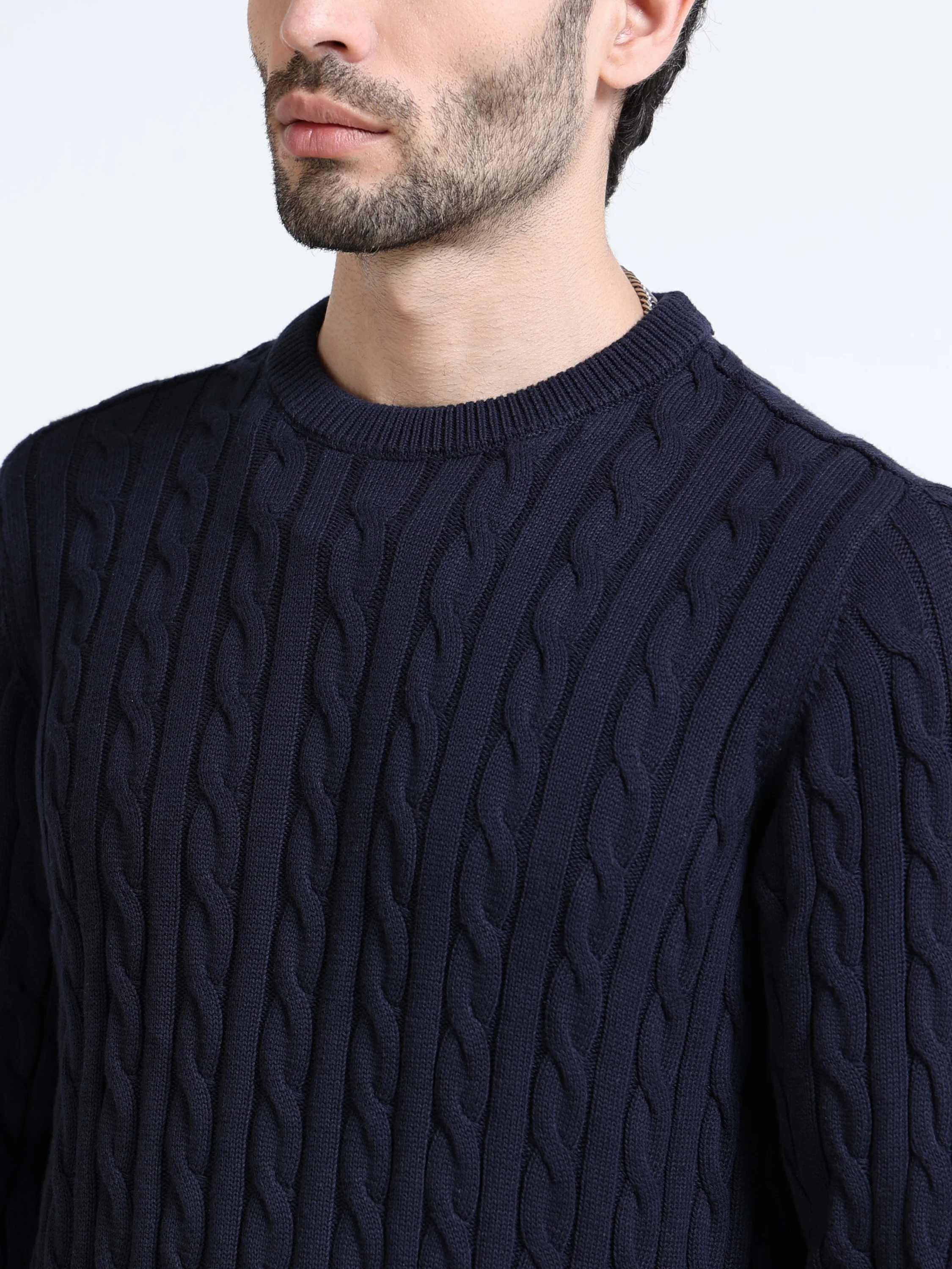 Men Navy Cable Knit Sweater - Image 3
