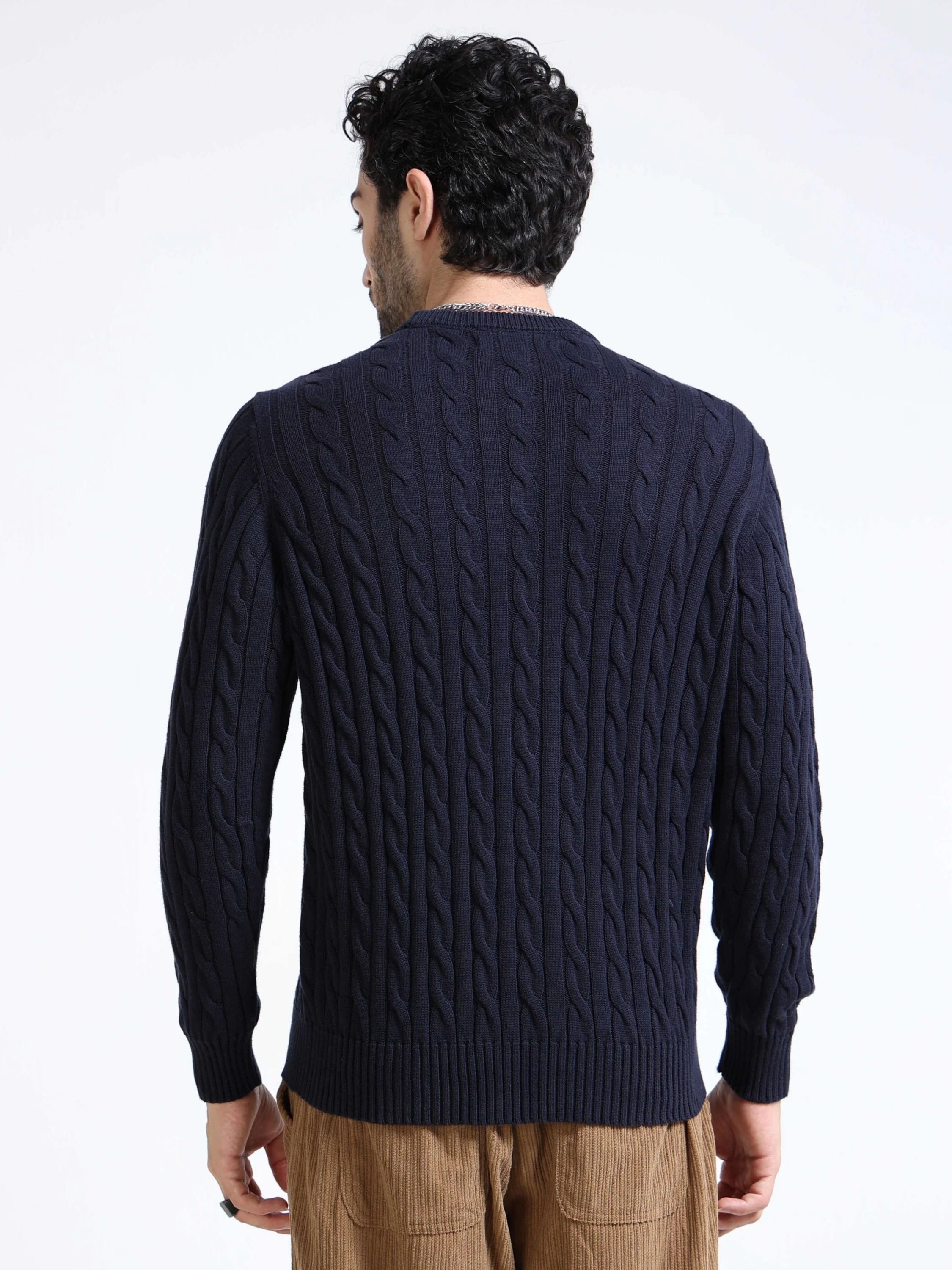 Men Navy Cable Knit Sweater - Image 4