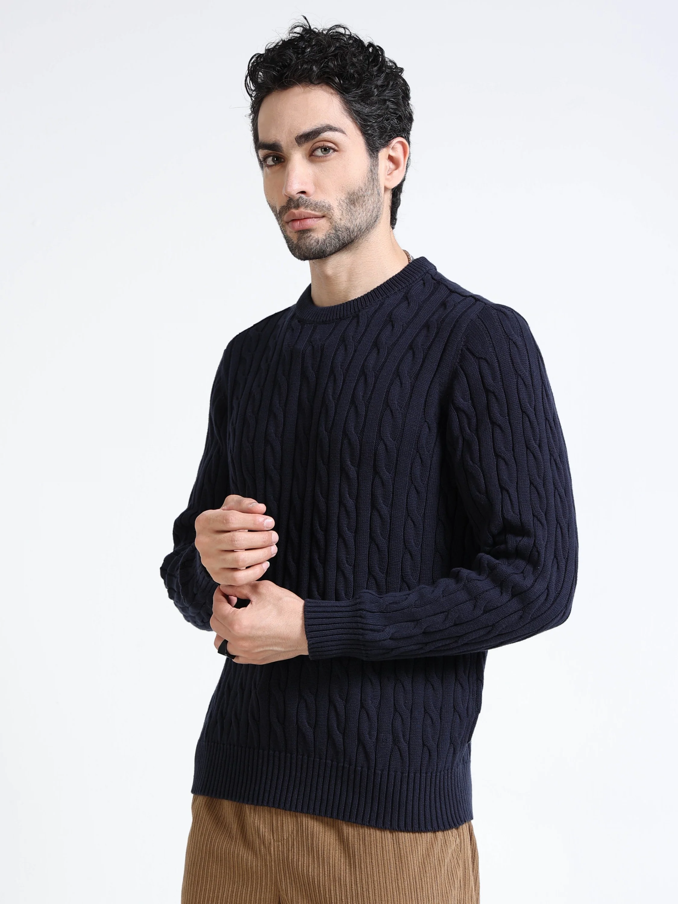 Men Navy Cable Knit Sweater - Image 5