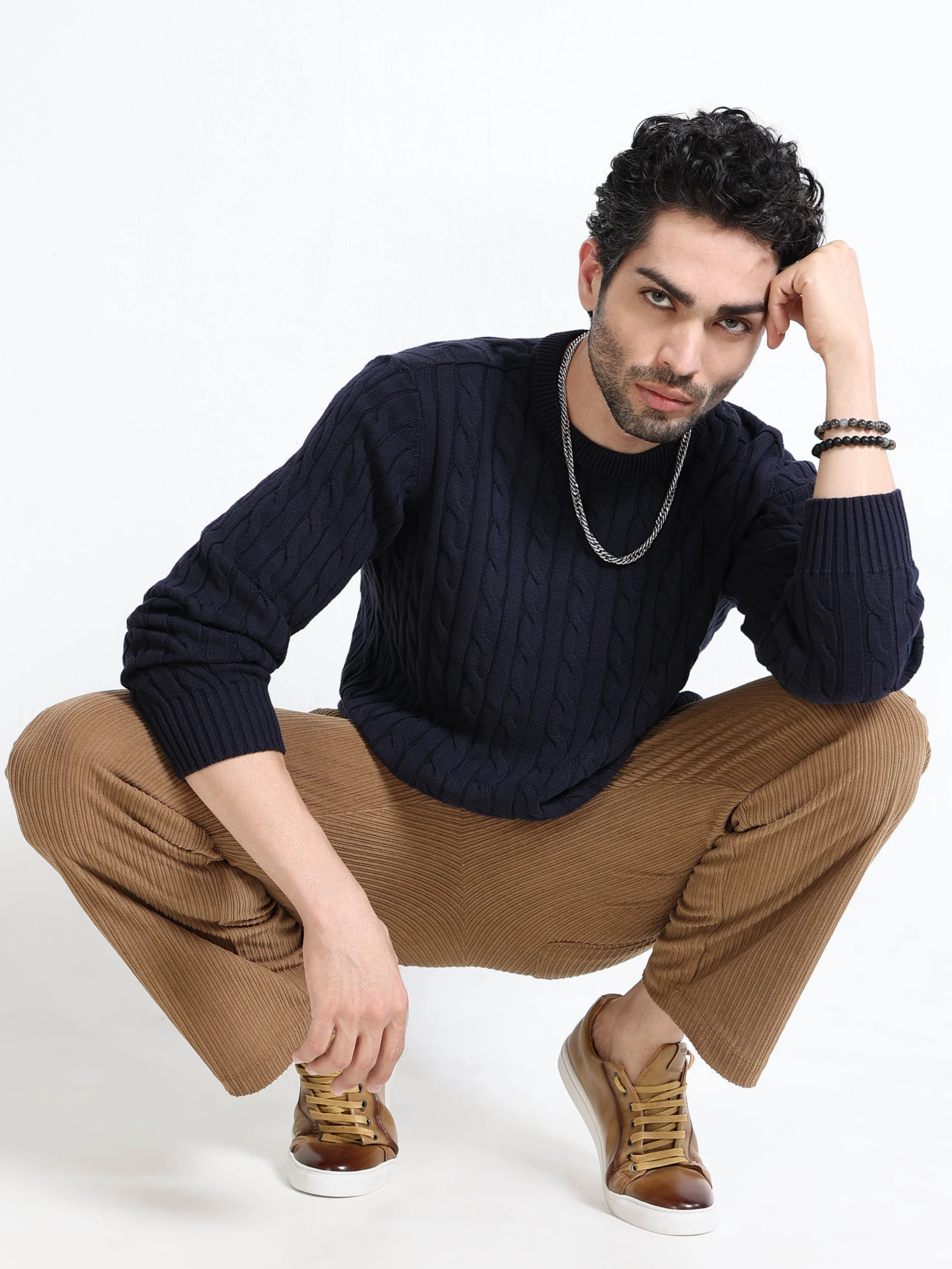 Men Navy Cable Knit Sweater - Image 6