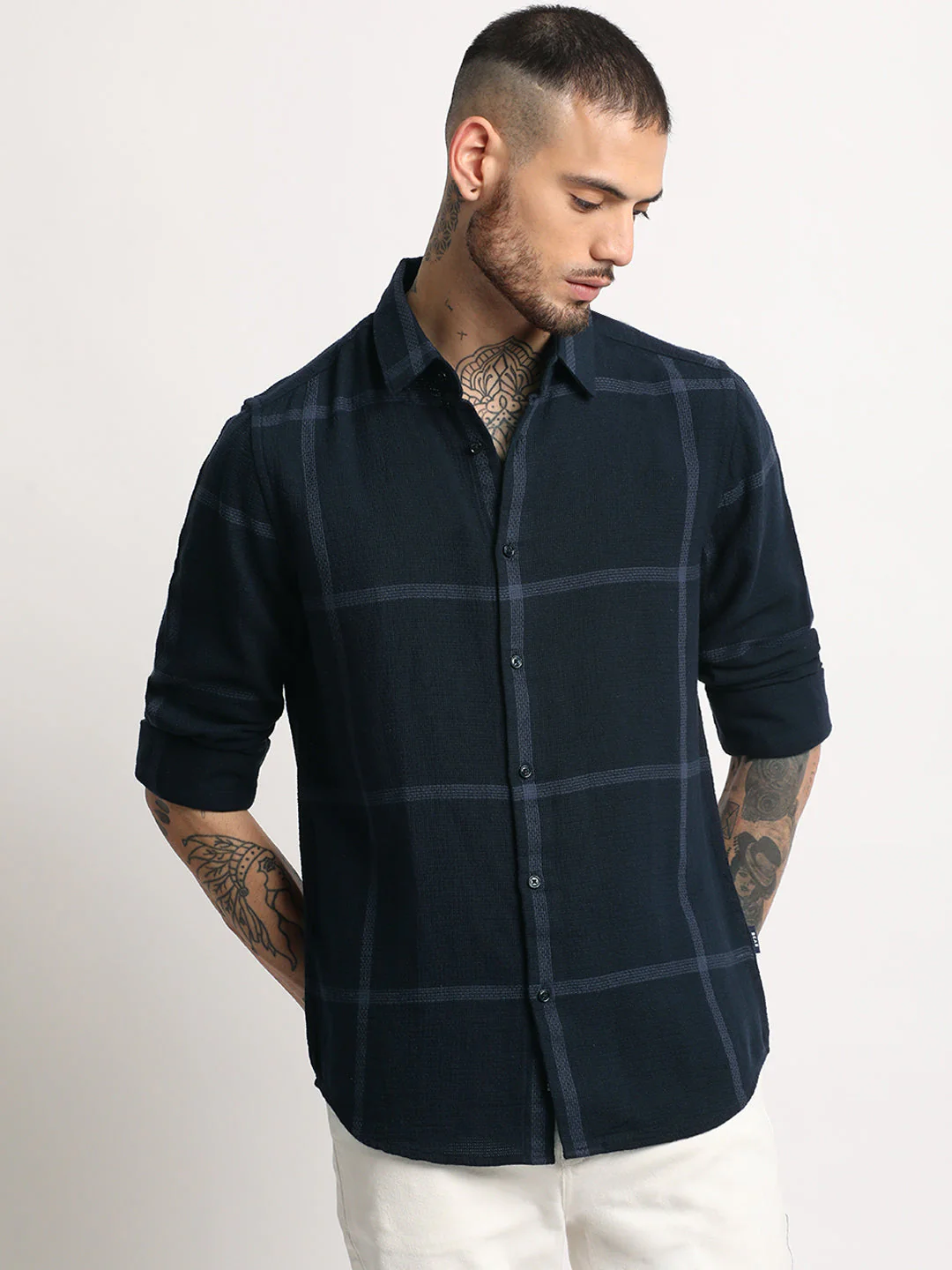 Men  Navy Checked Casual Shirt - Image 2