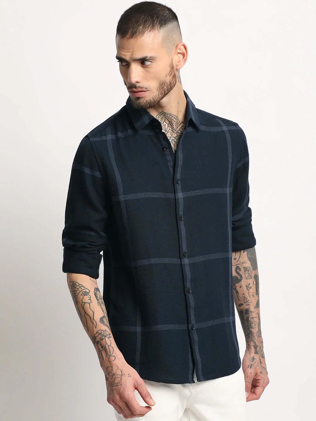 Men  Navy Checked Casual Shirt - Image 3