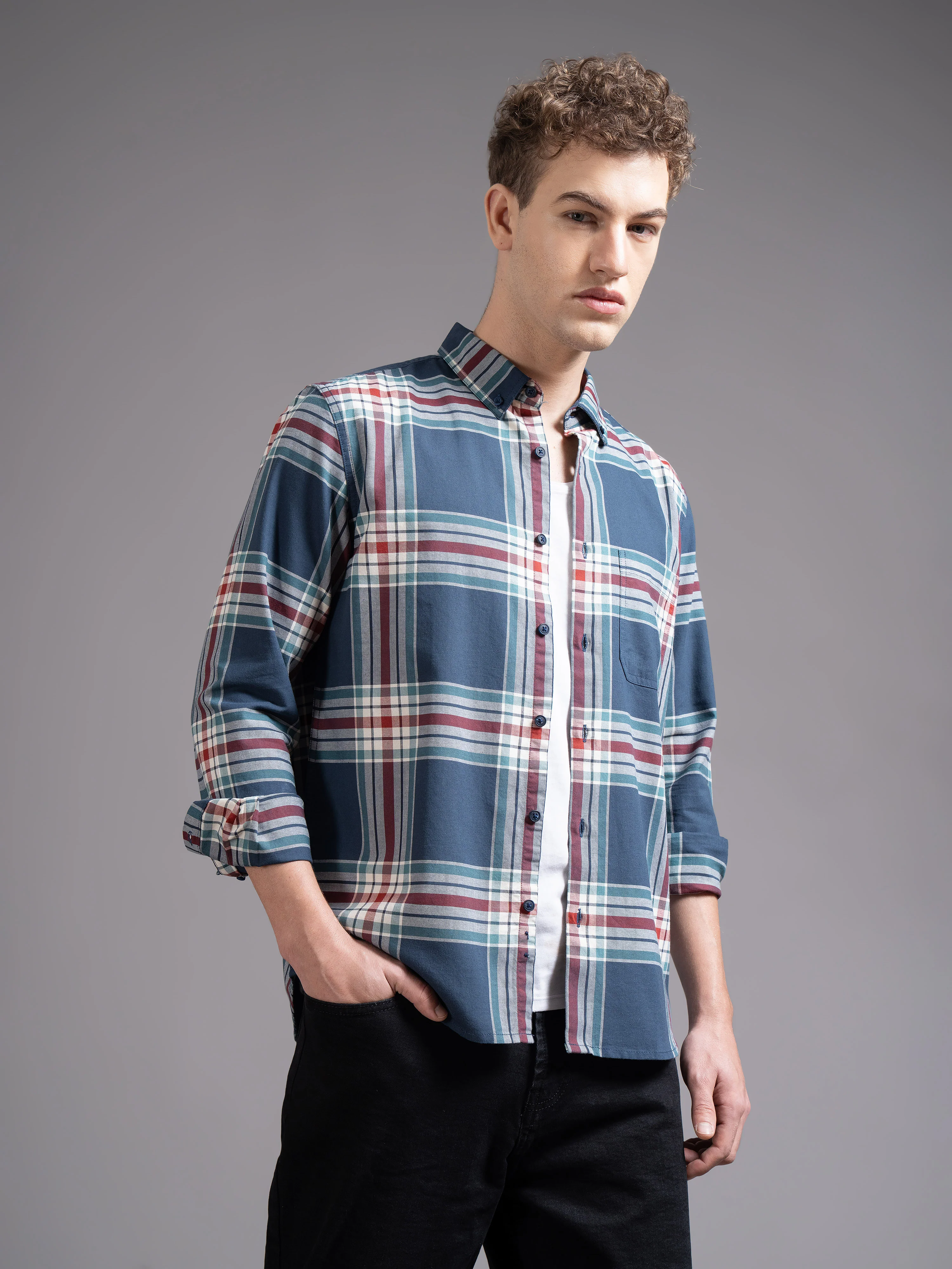Men Navy Checked Shirt - Image 3