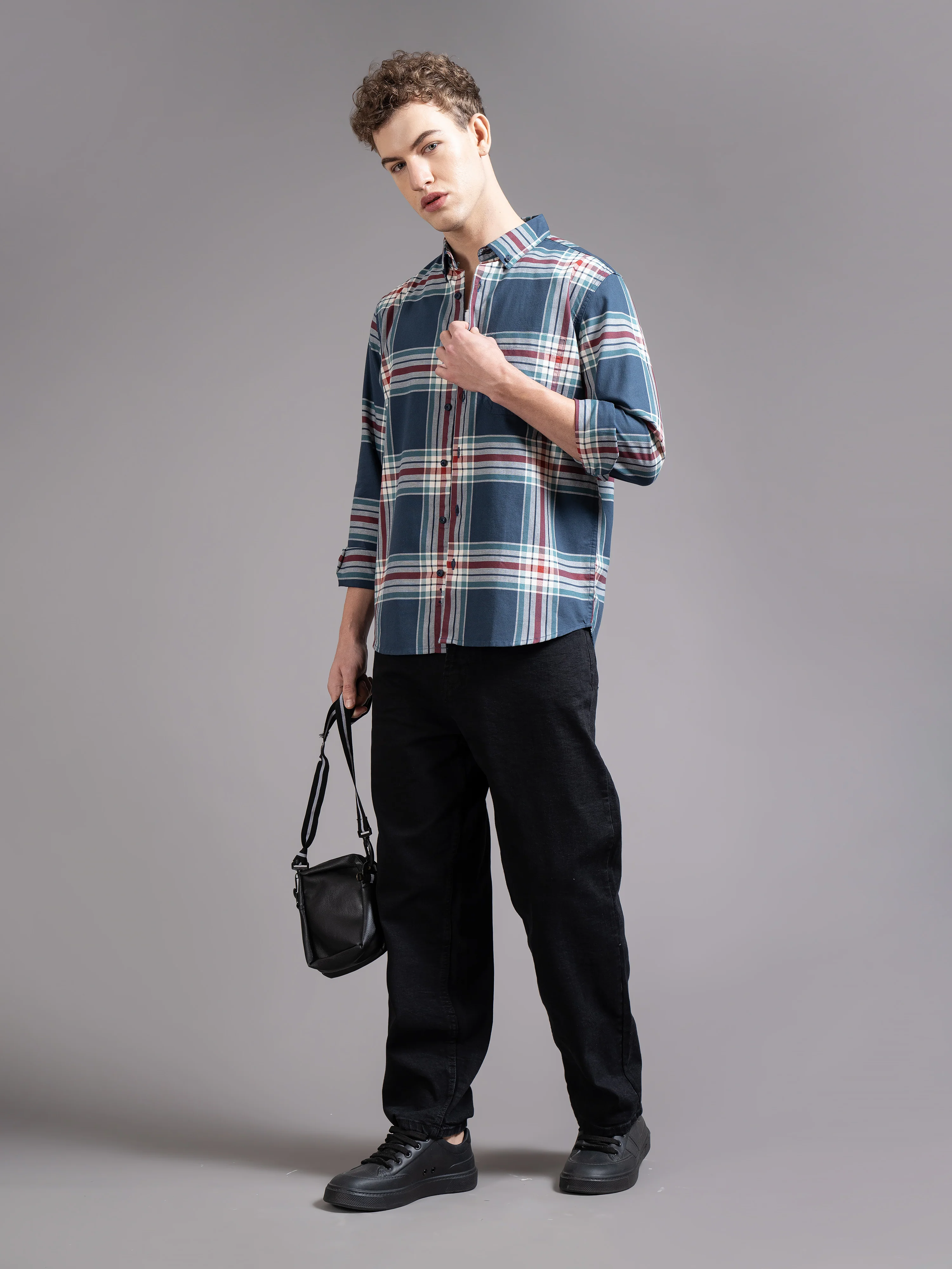 Men Navy Checked Shirt - Image 4