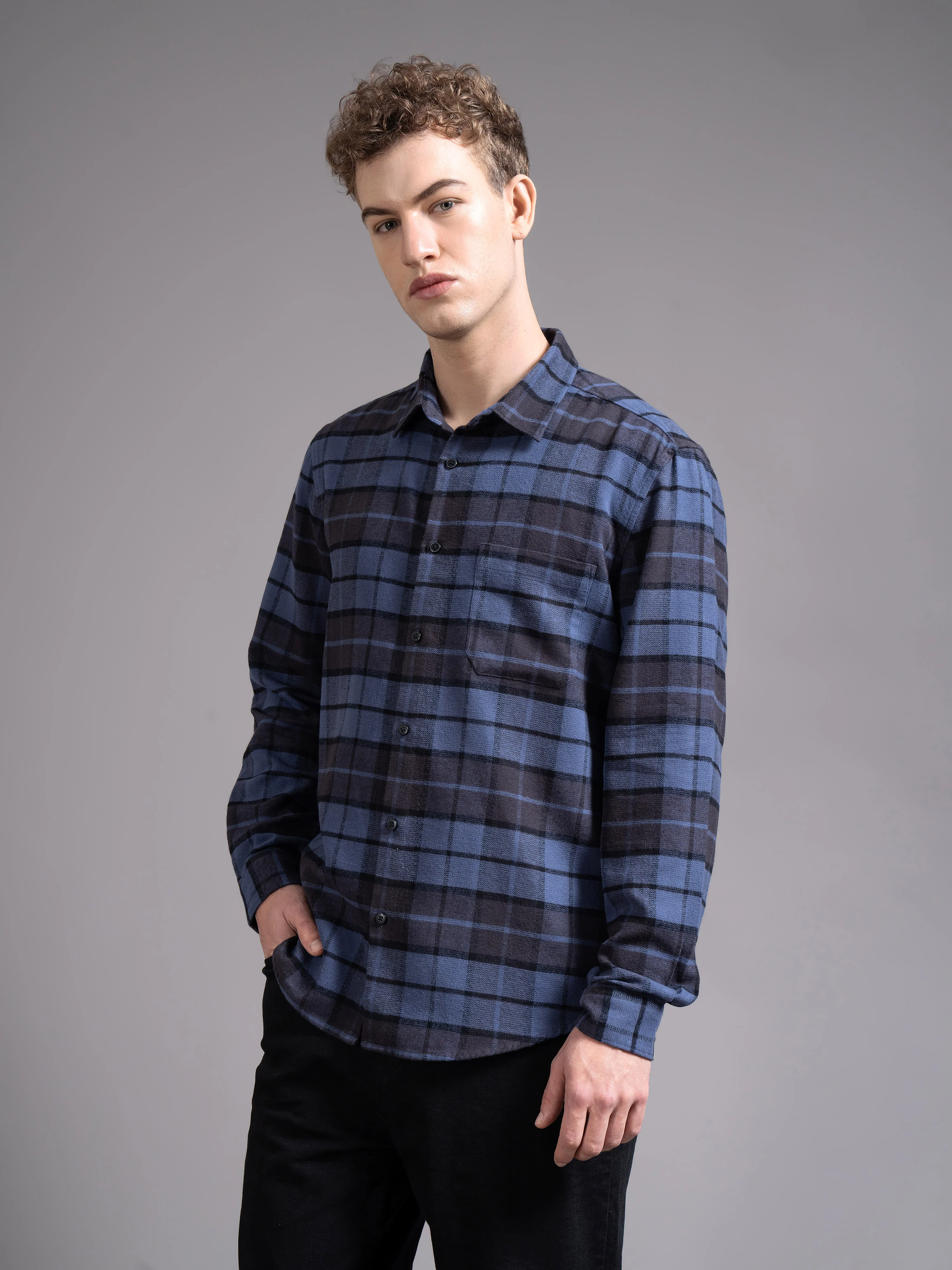Men Navy Checked Shirt