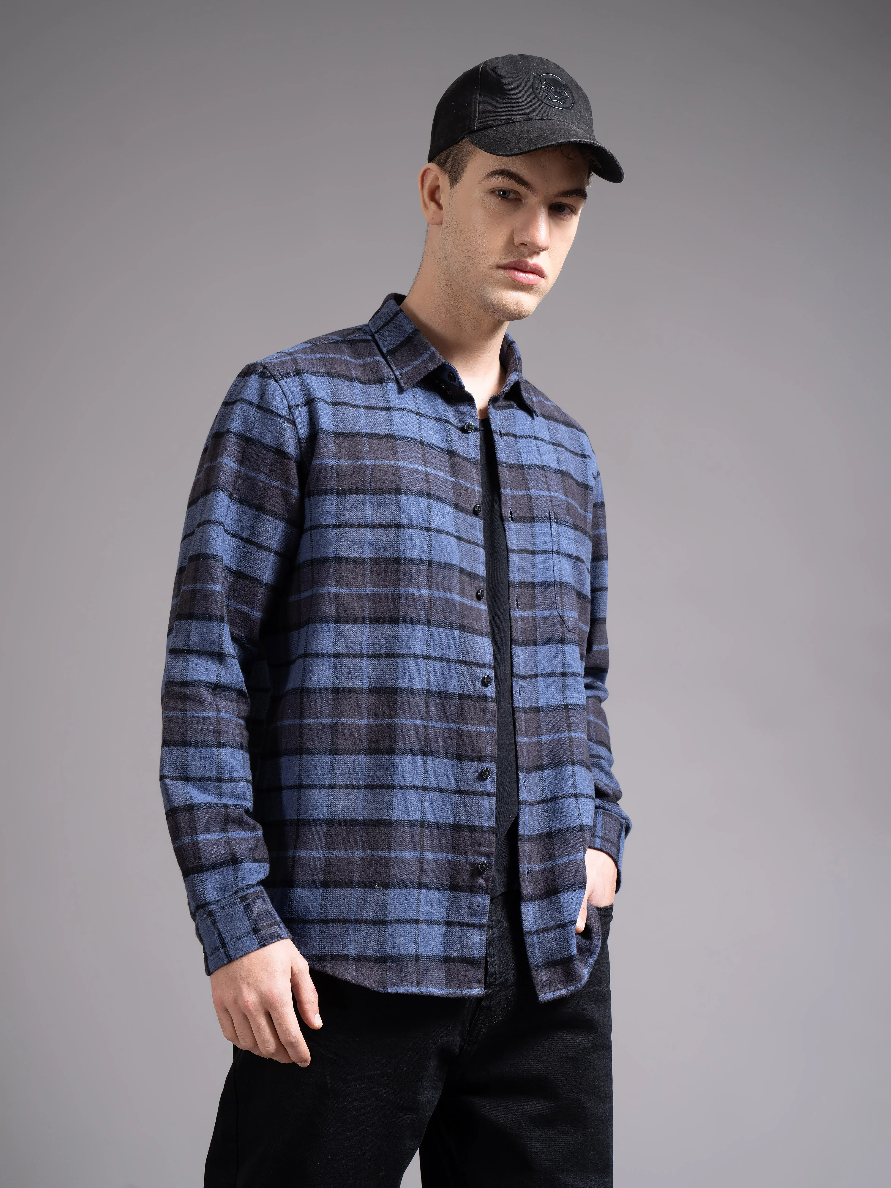 Men Navy Checked Shirt - Image 3
