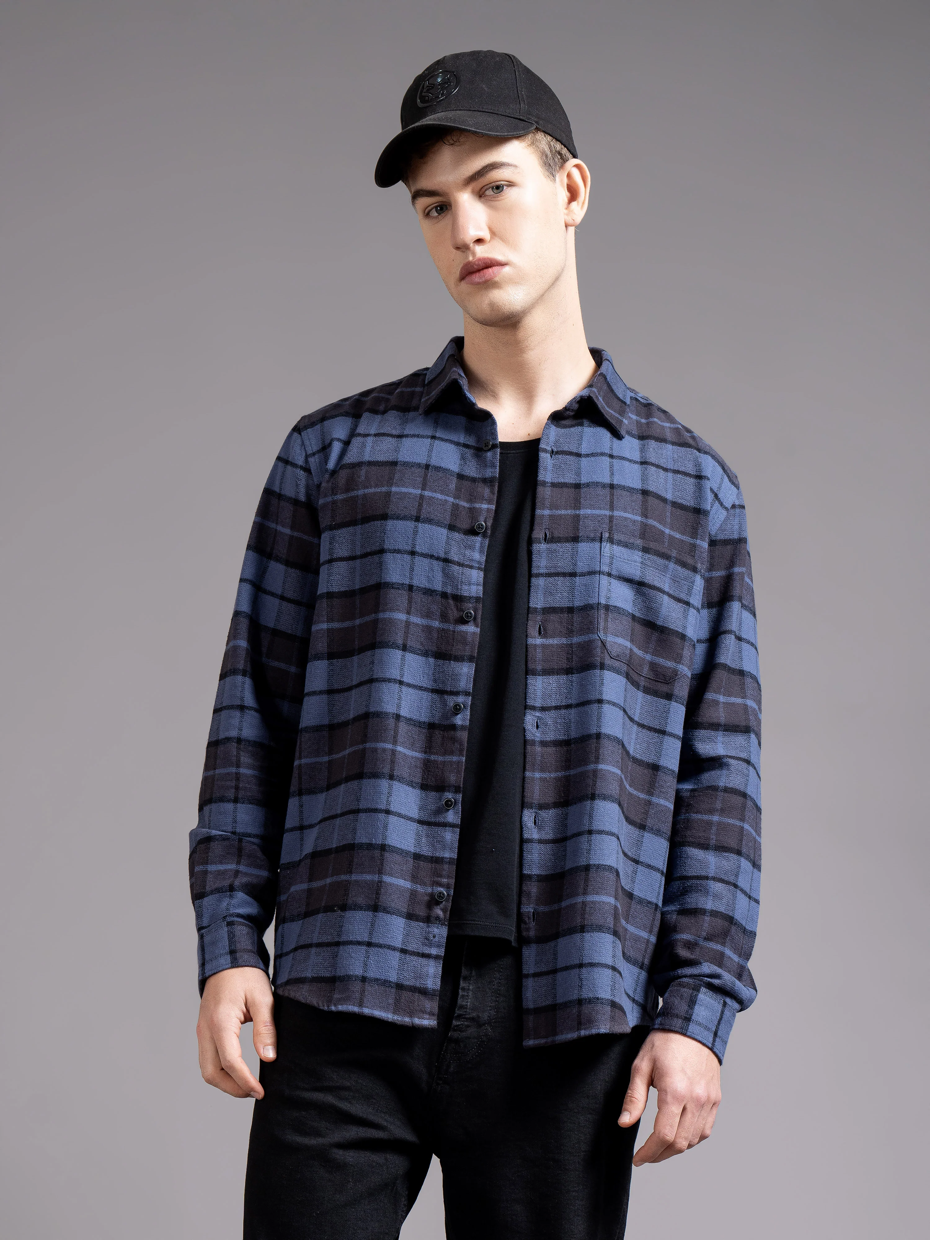 Men Navy Checked Shirt - Image 4